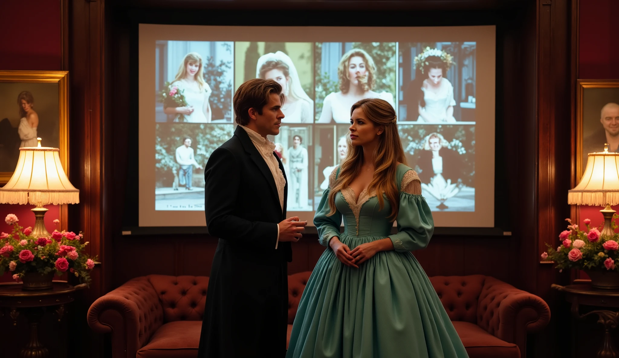 Eleanor, a beautiful and sensual woman (a very beautiful woman, with long brown hair, blue eyes, and a gorgeous, lush turquoise dress, a 19th-century gown), and Arthur, a handsome young man with four days' worth of stubble, dressed in elegant 19th-century ball gown, stand in the center of the room.
The screen is filled with images of beautiful moments from the past, which fade into dark tones as time passes. A detailed setting.