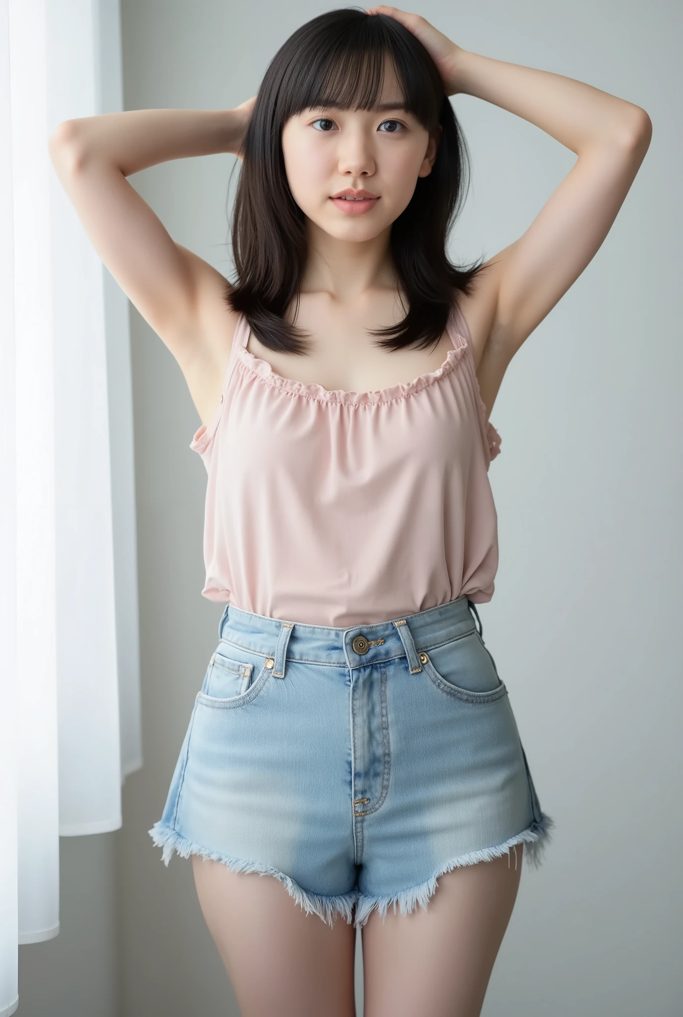 looking at viewer,((highest quality、Best Quality、Real Humans、)), (Super detailed), (Highly detailed CG uniform 8k wallpaper), Extremely detailed, High definition raw color photos, Professional photography,((Light pink lace panties detailed as pictured、The wind lifts the clothes、)),shoot from below,,