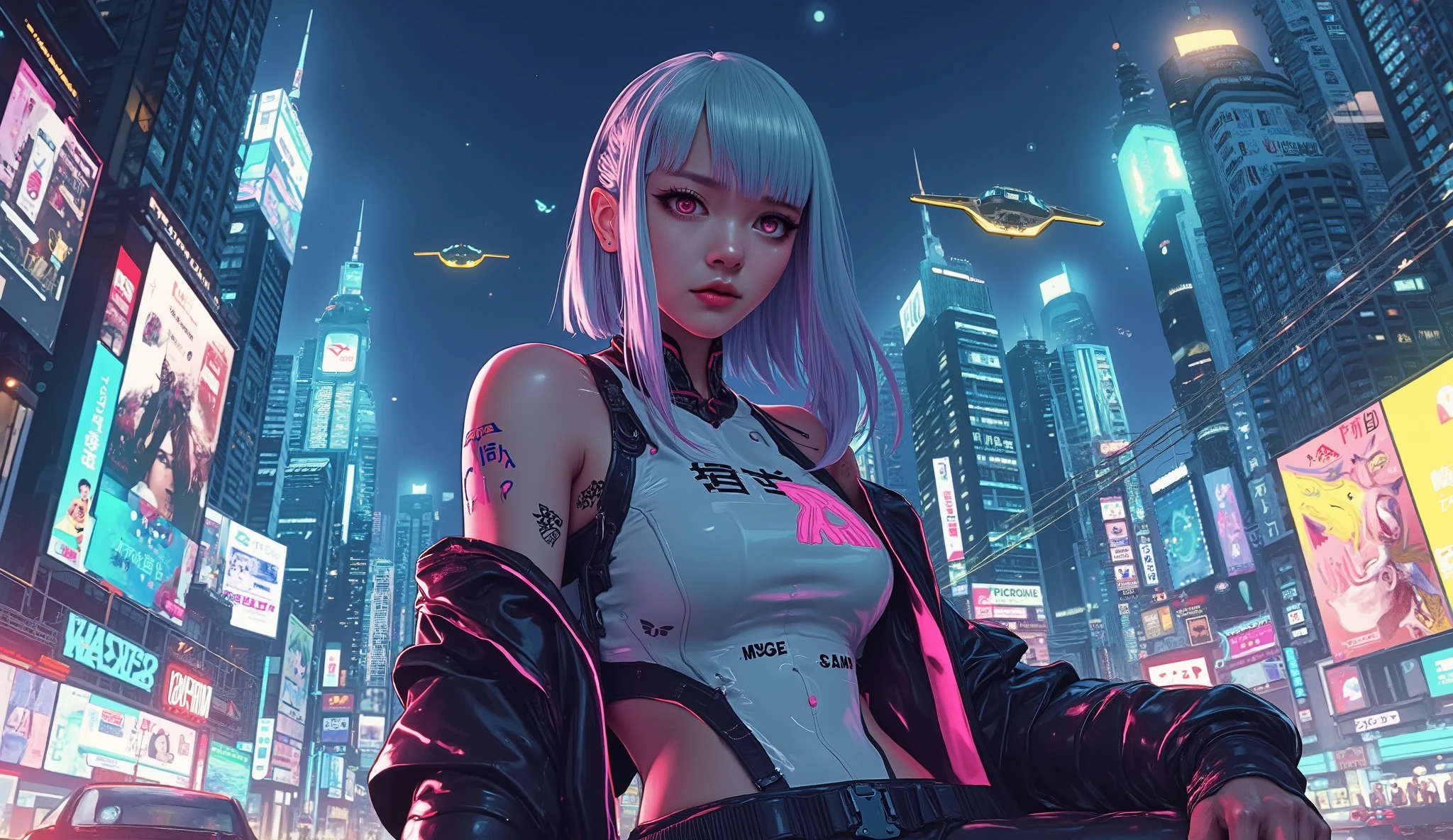 ((Manga artwork cowboy shot) von (perfect Asian cyberpunk girl, wearing detailed Harajuku clothing with company logos)), (((dynamische Pose))), ((LED-Leuchten)), ((Manga-Zeichnung)), ((kinematic lighting)), ((Chiaroscuro)), warme Farben, perfect features , abstract beauty , nahezu perfekt, Reine Form, Konzeptkunst, intricate detail, 8k-Postproduktion, high resolution, super detail, trending on artstation, scharfer Fokus, Studiofotos, ((background with futuristic skyscrapers and flying cars like in Blade Runner)), ((cyberpunk city at night)), ((Neon lights and holograms in the sky))