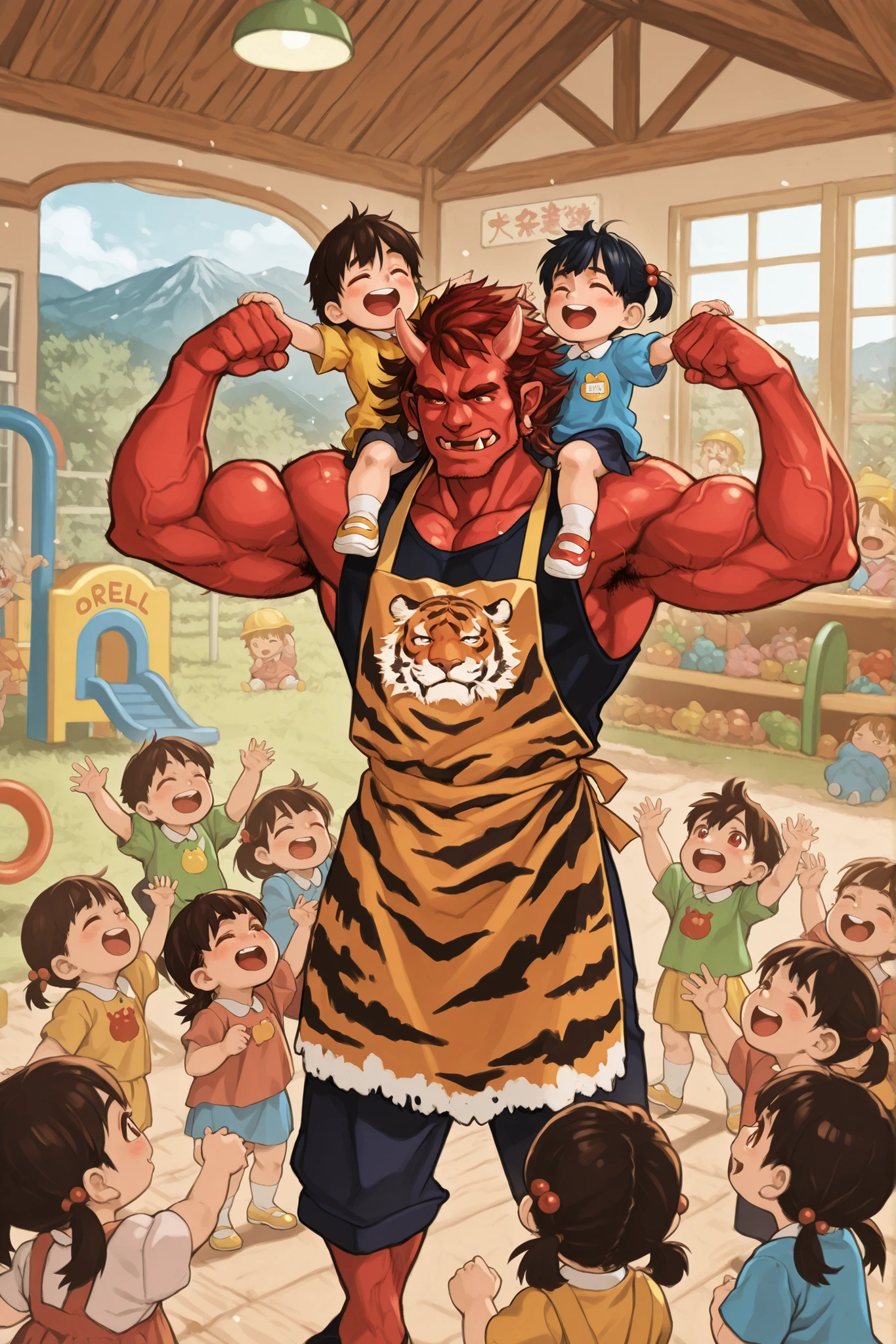 Japanese devil works as a nursery teacher、Muscular Red Ogre、 perm hairstyle、tiger pattern apron、double biceps pose、many kindergarten children gather at the devil's nursery teacher, lol,   in the woods and having fun 、hanging from the devil's arm、kindergarten children stand shoulder to shoulder、Mountain kindergarten garden、 Children's Playgrounds 、The building is wooden、has a rounded and gentle interior、warm atmosphere、cute Japanese-style anime illustration