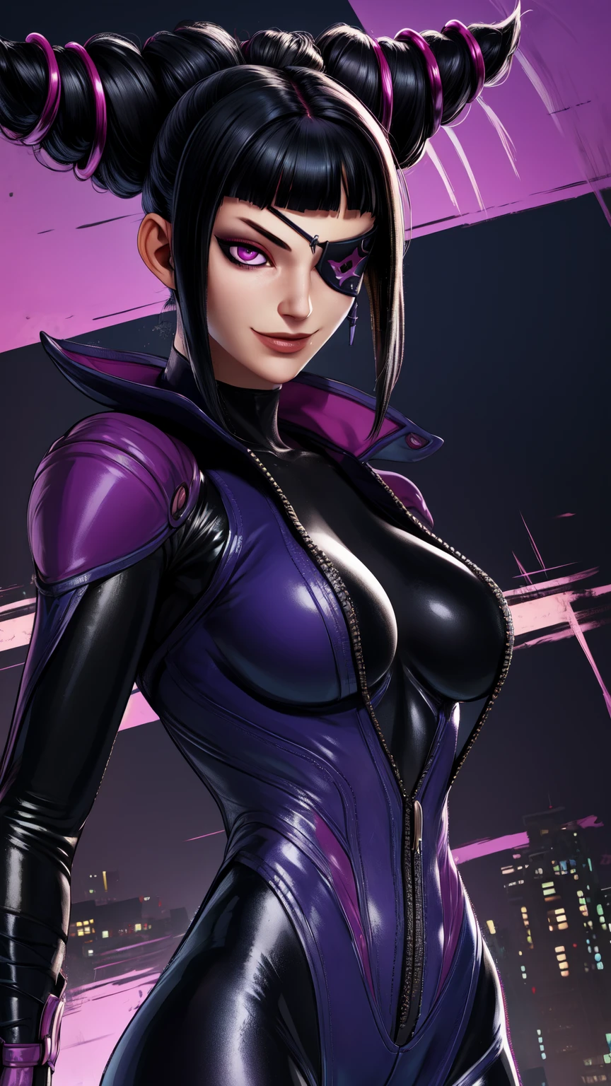 Juri , black hair,two-tone hair, hair horns, purple eyes, eyepatch,
bodysuit, clothing cutout,
standing, upper body, evil smile,
night club,
(insanely detailed, beautiful detailed face,beautiful detailed eyes, masterpiece, best quality) , solo, dinamic poses, shinning eyes