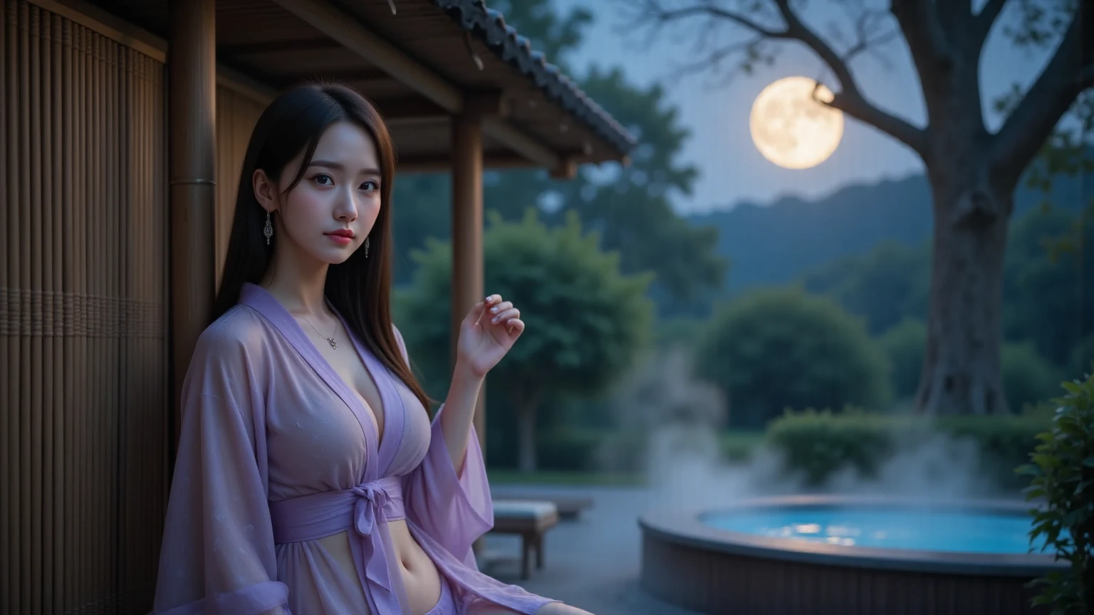 (RAW photo:1.2), (that&#39;realistic), beautiful detailed girl, very detailed eyes and face, detailed and beautiful eyes, huge file size, High resolution, very detailed, highest quality, [pieces fly:1.6], figure, very detailed, small details, highest quality, 8K Dende Wallpaper, movie lighting,15 year old girl, take off bathrobe, A mysterious hot spring deep in the mountains, in front of the bath, front of bathrobe open, white braが見えている, no top, take off bathrobeところ, In the middle of undressing, Changing clothes, white bra, wet long hair, embarrassed look, I can see your underwear,  bathrobe open, I can see white cotton pants, slender body, young face, small breasts, night sky, deep in the forest, illuminated by the moonlight, Steam rises around you