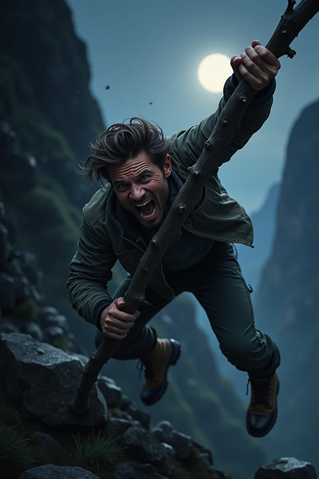 masterpiece, best quality, extremely detailed, hyperrealistic, photorealistic, a cool 40s man, ultra detailed face:1.2, fur-trimmed coat, scarf around the neck, his left hand is a golden pirate hook:1.1, laughing, artistic jump, dynamic angle, frozen island, giant snow moutain, frozen waterfall, icicles, covered with ice, everything is made out of ice, ominous atmosphere