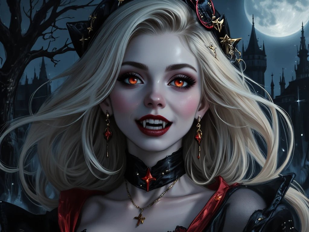 female vampire, bloody face, sharp vampire teeth (blood dripping from the canines), high detailed, outstanding, sharp focus, Realism
