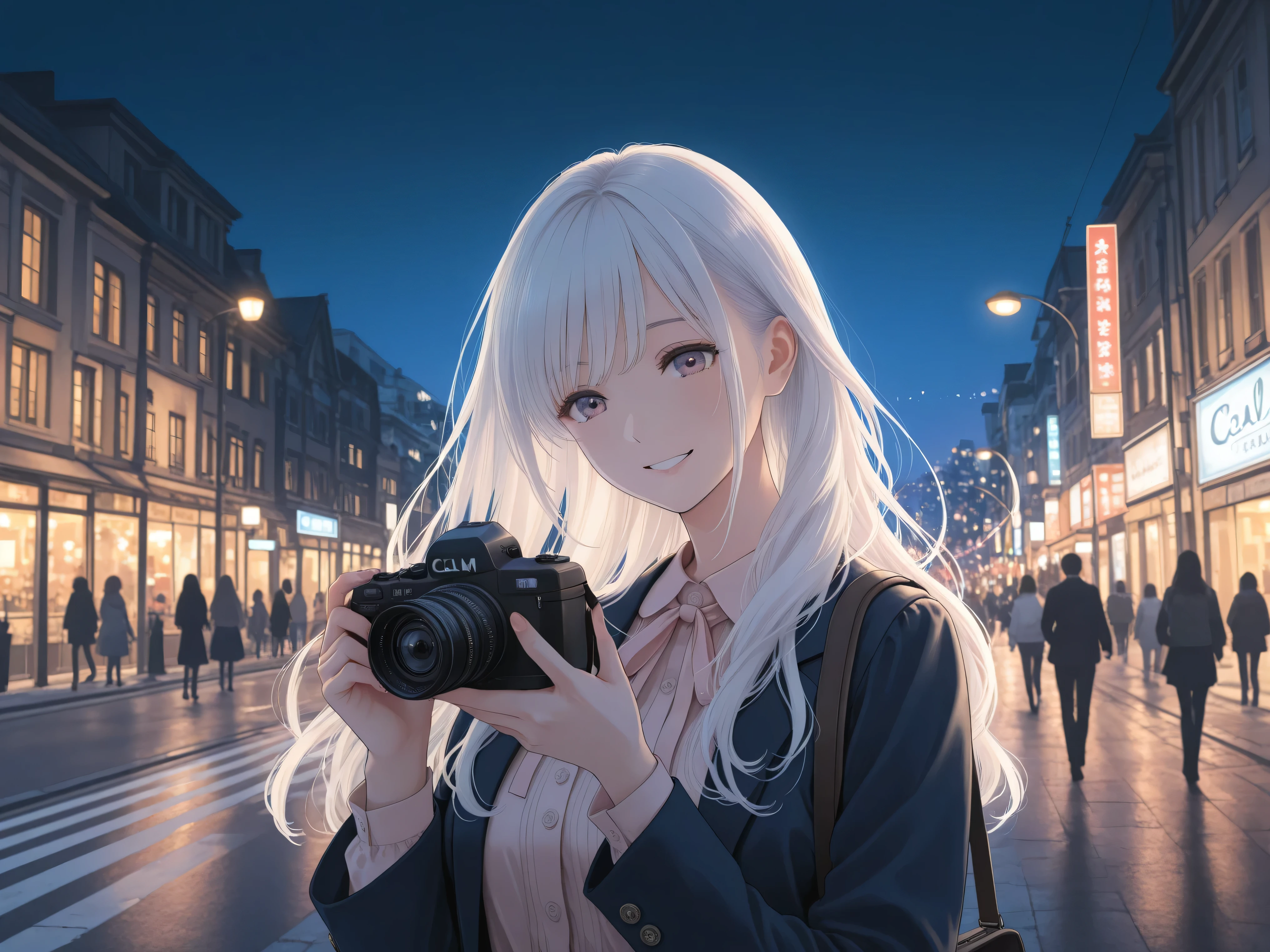 High Quality,4K resolution,HDR,highest level of realism,White Haired Woman,Smile,Stroll,long hair,Night view,Illuminations,Fashionable,street snap,Photographer's Work,soft focus,Delicate Colors,Calm Atmosphere