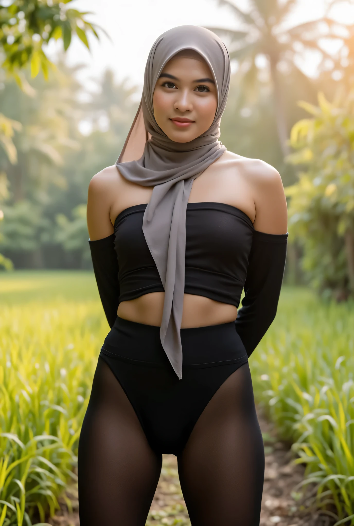 Just Front photo, wear a loose drop Looks like a little rubber panties pastel translucent (black) leggings flare bootcut closed my center & mini flat strapless, Tetek besar melayut, hijab hijab hijab hijab, (photorealistic:1.6), background rice paddy. daytime atmosphere, don't put any rope! flat chest!, hands behind back while legs astride, view from front,