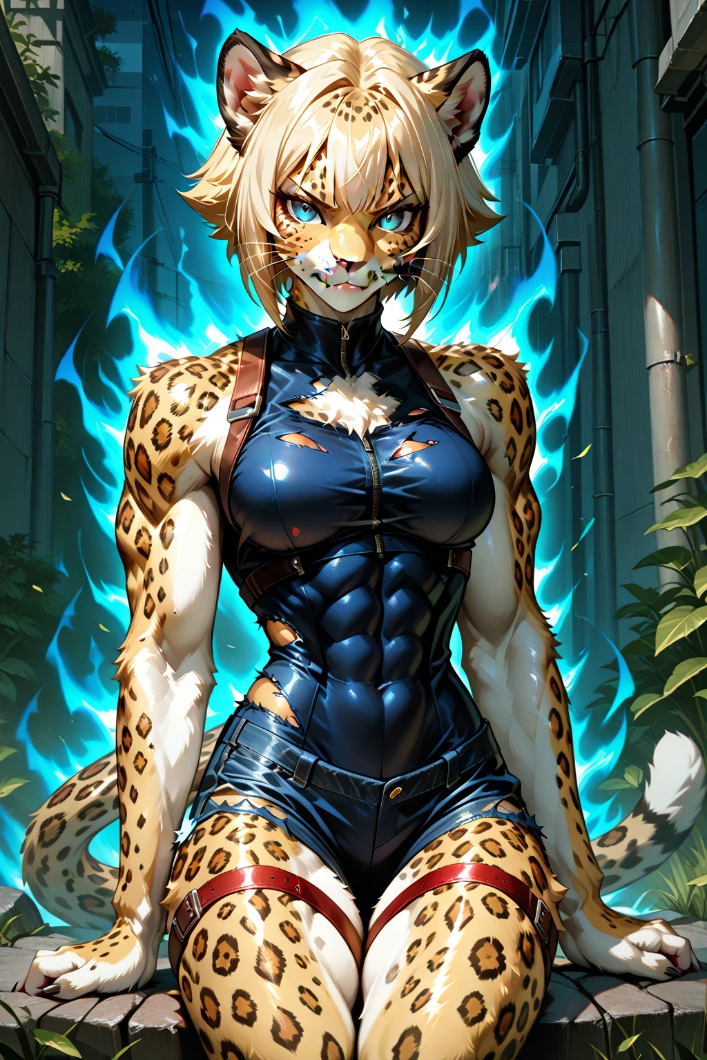 solo, female, sfw, medium shot, short messy hair, brown hair, blue eyes, eyepatch, brown tiger ears, brown tiger tail, large breasts, tall, muscular, scars on body, immensely strong, tiger forearms, tiger legs, hourglass figure, wilds, abs, furred forearms, furred legs, slit pupils, long eyelashes, paw hands:1.4