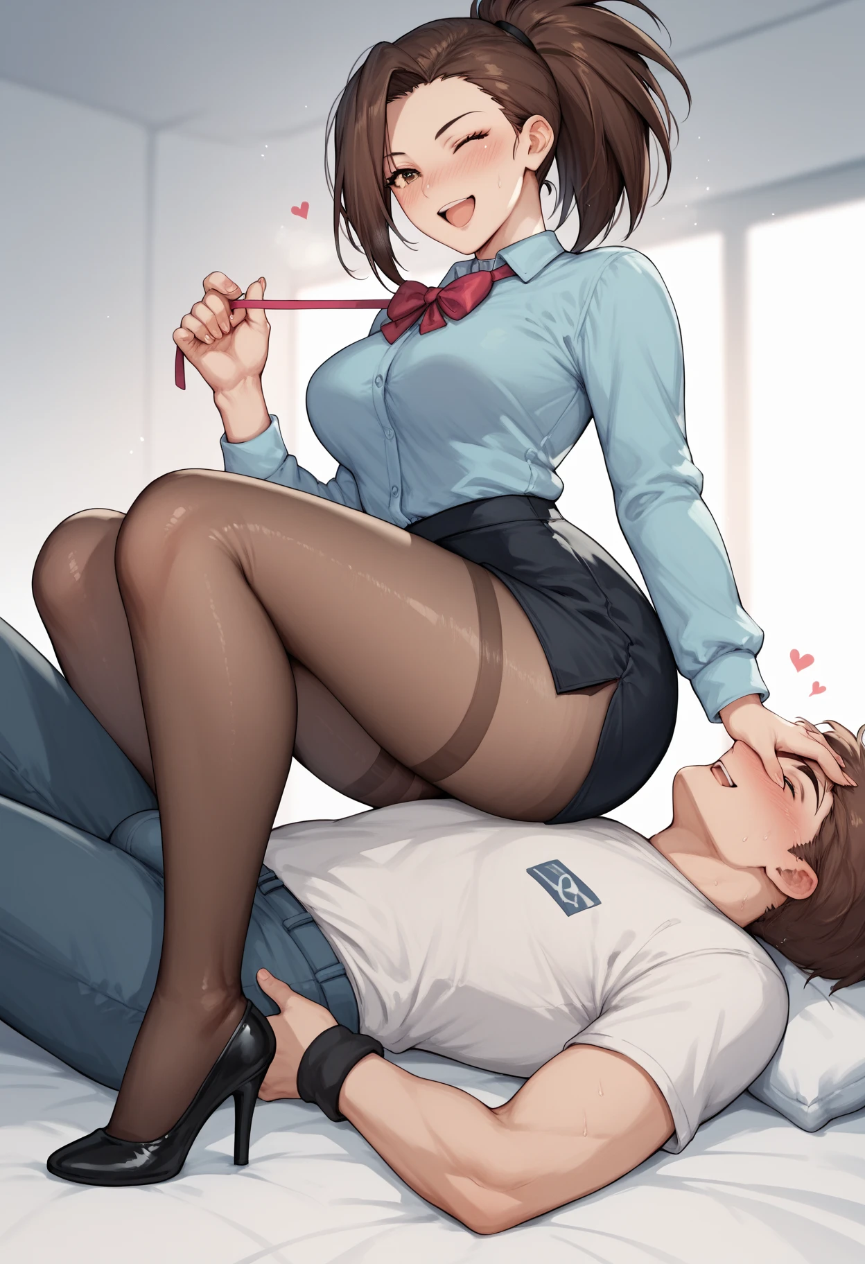 3l1z4b3th_bas, black hair, blue eyes, white shirt, pencil skirt, red lipstick, makeup, pantyhose, (nsfw:1), (Uncensored:1), score_9, score_8_up, score_7_up, score_6_up, score_5_up, score_4_up, ????????, 1girl, solo forcas, Simple background, depth of field, indoors, 4+boys, ????????, ?????????, Multiple Boys, Multiple Penises, black boys, no face boys, Men in black, hetero, ???, ?????????, ????, ????????, irrumatio, ??????????, rough ???, aggressive, lying on side spread legs, spitroast, sweat, ????????, ??????????????????, triple penetration, ??? on face, ??? on clothes, wet clothing, ???????, balls deep, cowboy shot