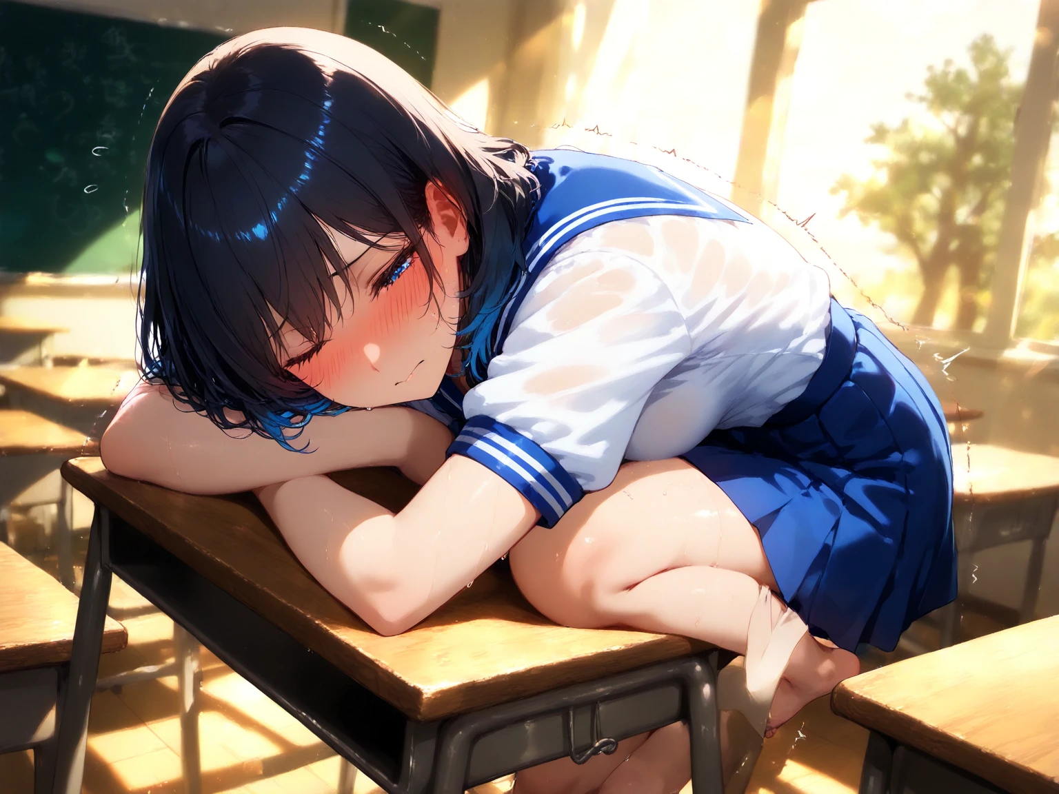 Kyoto Animation Style,In the style of Makoto Shinkai ,uiharukazari, Uiharu Kazari, (black eye:1.5), Black Hair, flower, hair flower, hair ornaments, flower ring on head, short hair,
break armband, School uniforms are not distributed., , Seraphim, skirt, Summer clothes, neckerchief, red neckerchief, Blue sailor collar, Blue Card, Short sleeve,white lace flower decorative panties,White socks,
break looking at viewer,
break indoors, classroom,
break (masterpiece:1.2), Highest quality, High resolution, unity 8k wallpaper, (shape:0.8), (Fine and beautiful eyes:1.6), Highly detailed face, Perfect lighting, Highly detailed CG, (Perfect hands, Perfect Anatomy),Anime CG,