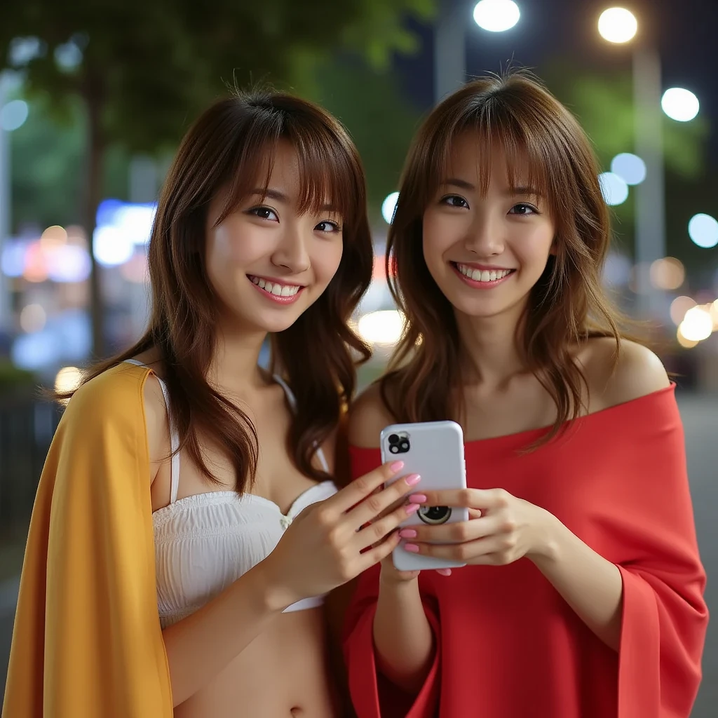 5 Beautiful young Thai women with blond hair and a bodybuilder physique wearing white top in a busy street at night, taking selfie