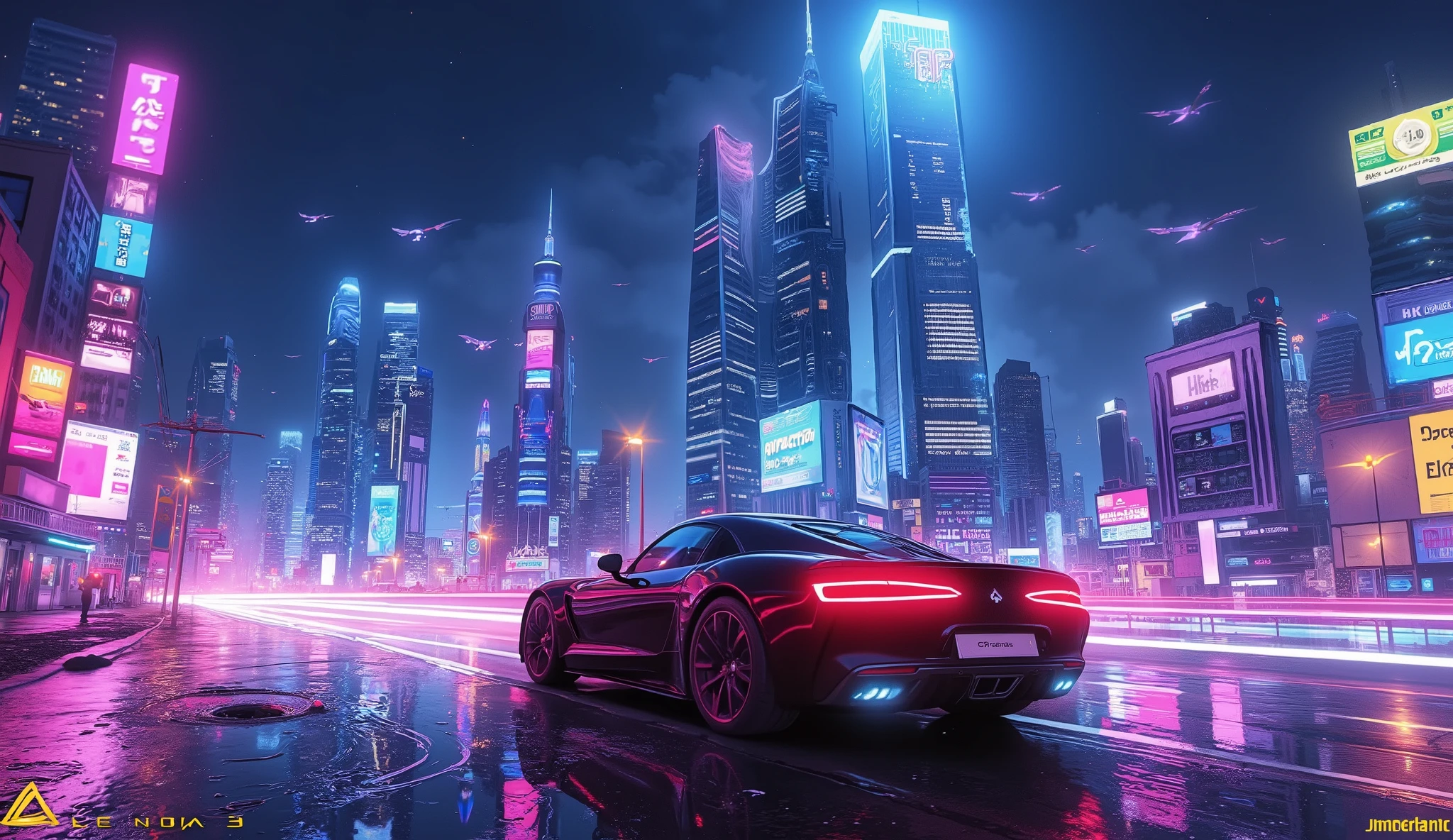 Nacht, Wolken mit Blitzen, car turns left, with puddles of water on the road, Nearby buildings, street lights flash, violette Aura um, Kamera im Auto, super detail, trending on artstation, scharfer Fokus, Studiofotos, ((background with futuristic skyscrapers and flying cars like in Blade Runner)), ((cyberpunk city at night)), ((Neon lights and holograms in the sky))