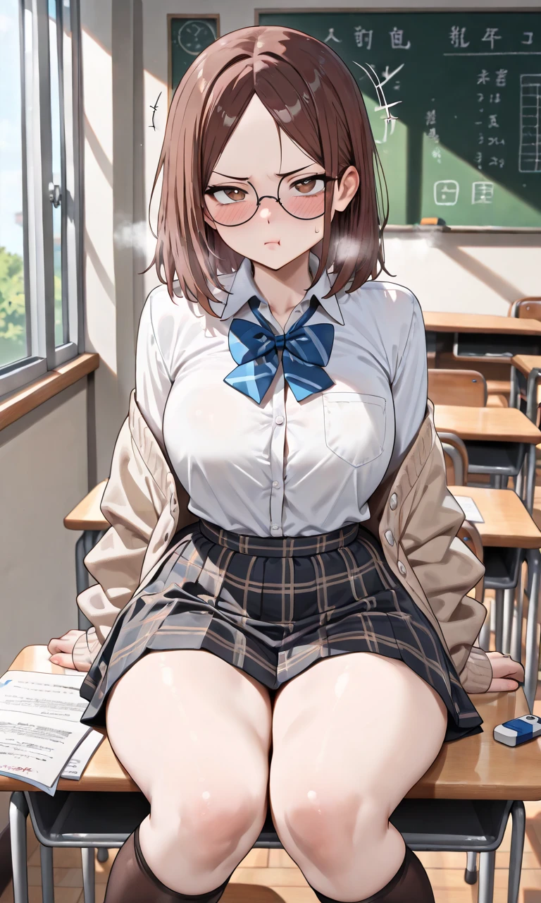 masutepiece,Best Quality,ultra-detailliert,8K,tall,Big female,huge-breasted,年轻,20 years old,Medium Hair,Wavy Hair,Brown hair,hair clips,lightsmile,blush,tusk, POV, Fisheye,(Panties:1.1), School uniform, crass room, From below, Dynamic Angle, School Desk, school chair, Sitting, Spread legs, Skirt, view through desk, viewed from under desk, lightsmile, Writing, Studying, eraser, Large crowds,