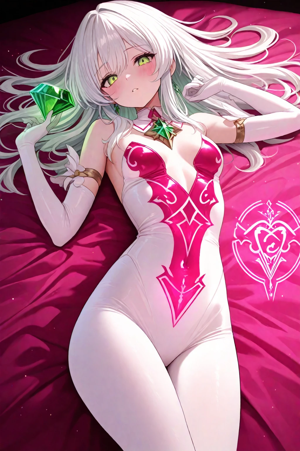 (High resolution)、((The girl is standing))、((Emotionless, blank eyes、Expressionless)), (Magic Warrior)、(FINAL FANTASY 6_Tina)、low length、(thin)、((5 years old girl))、(Transparent fair skin), (((child girl)))、Wavy、(Green Hair)、ponytail、Purple scrunchie、((Forehead))、Big eyes、Grey Eyes、purple shoulder armor protector, (Red leotard)、A transparent light purple cloth is wrapped around her waist.、red wristbands、(covered nipples), ((Angle from below1.5)), Covered navel、(Thighs), crotch、(Red Armor Boots)、(Angle from the bottom of the girl), ((A boy lying at her feet exposing his crotch)), (at a research facility)、((Colorful balls of light appear all around))、((Cast magic on the penis))、(((penis))), (((eject cum))), 