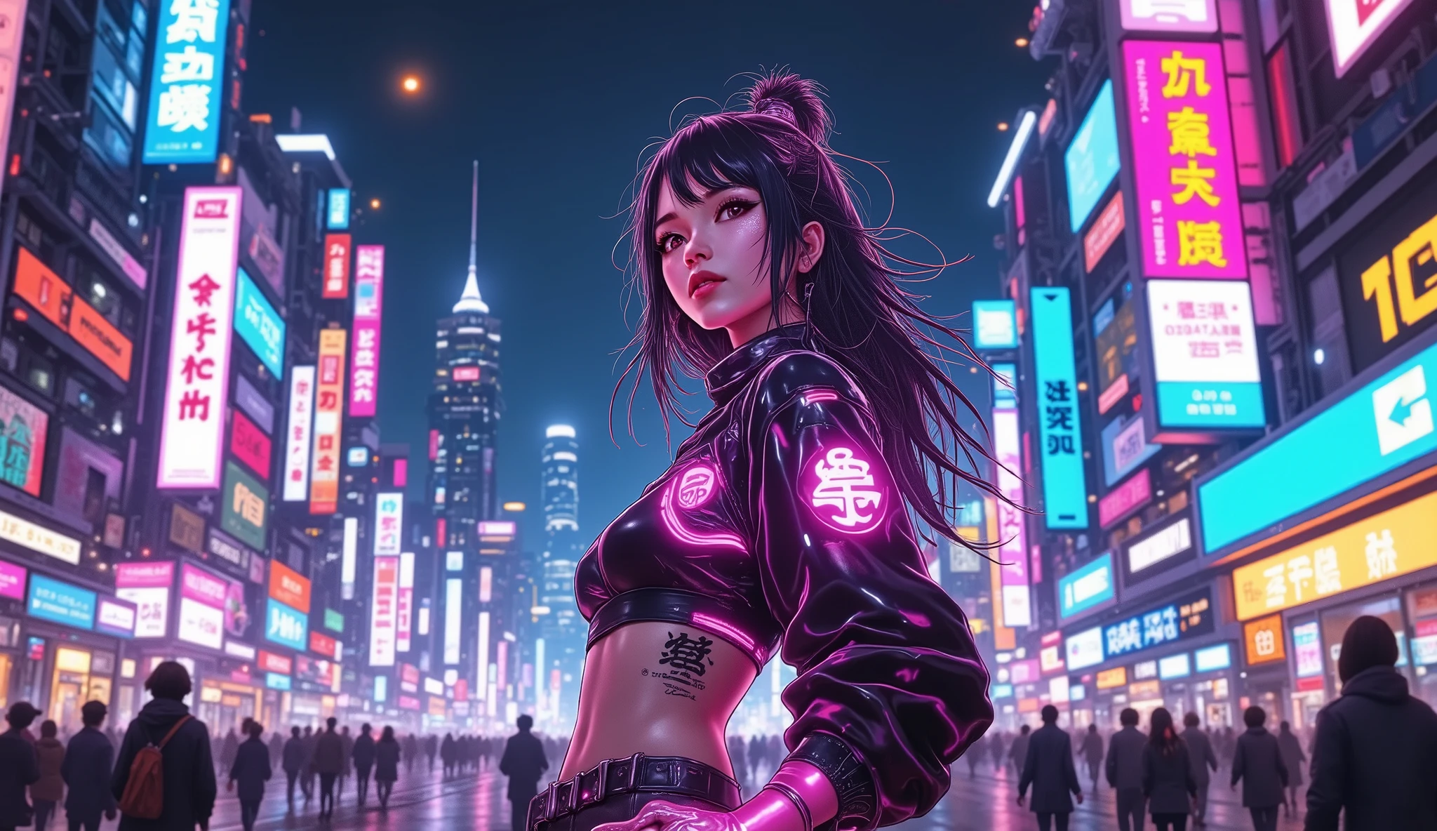 ((Manga artwork cowboy shot) von (perfect Asian cyberpunk girl, wearing detailed Harajuku clothing with company logos)), (((dynamische Pose))), ((LED-Leuchten)), ((Manga-Zeichnung)), ((kinematic lighting)), ((Chiaroscuro)), warme Farben, perfect features , abstract beauty , nahezu perfekt, Reine Form, Konzeptkunst, intricate detail, 8k-Postproduktion, high resolution, super detail, trending on artstation, scharfer Fokus, Studiofotos, ((In the background a futuristic discotheque with neon lights, and holographic projections in a cyberpunk city)), ((futuristic skyscrapers and flying cars like people dancing in Blade Runner)), ((cyberpunk city at night)), ((Neon lights and holograms in the sky))