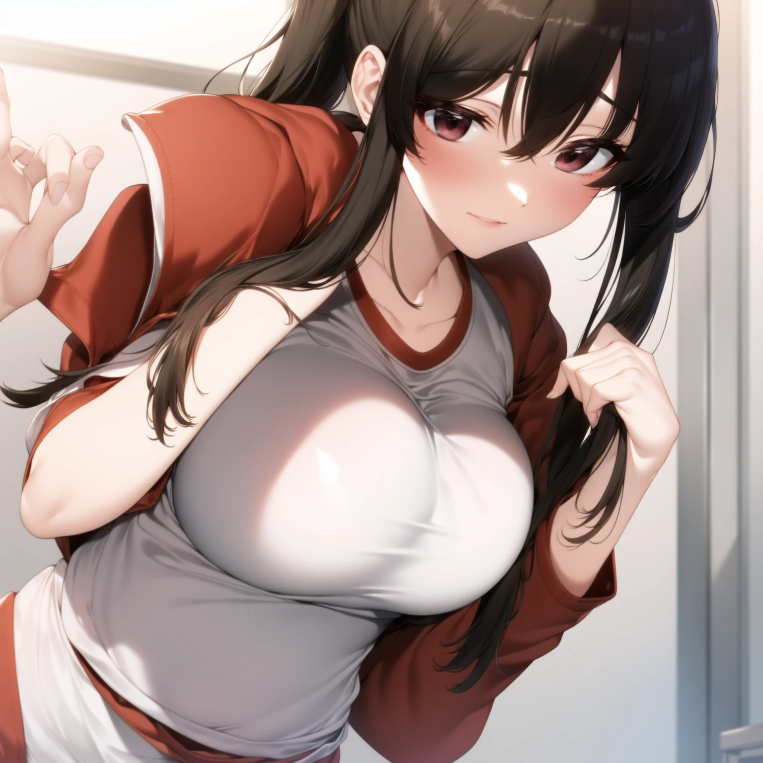 nsfw,suzune horikita, 1girl,1boy,((penis)),,(Red eyes:1.3),locker room,cowboy shot,(Medium chest),Hair Ribbon,naked,(((cowgirl position,girl on top))),Black thigh-high socks,((orgasm,pussy juice)),short hair