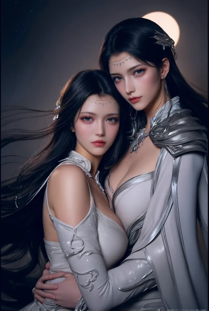 Portrait, Close-up photo, Two women in white and black dresses stand side by side., They have beautiful faces., beautiful face, Beautiful Gemini, both good and evil., Eros and Thanatos, 2 angel, angel, angelกับปีศาจ, Darius Zawadski and Tom Bagshaw, Tom Bagshaw art style, The villain has black angel wings., angel and demons, fallen angel, beautiful gemini twins, big breasts, fully grown breasts, attractive body, Fascinating beauty, Tight outfit, นางฟ้าbig breastsโต, Plump breasts, fully grown breasts, Two angels who are both gods and devils., Angels have a total of 12 wings with different styles to represent a mix of good and evil., The 6 left wings are the wings of the gods. It has the appearance of a large, beautiful, light-filled bird wing. Contains white, The 6 right wings are the wings of the devil. It has the appearance of a bat's wings, which are sharp and dark. Contains black, These two angels stood on the ground that was divided into two parts. One part is a green field with flowers in bloom. Another part of the ground was dry and cracked, with small flames rising from it., The angel's face had a beautiful appearance and a hint of strength. , Her mouth was bright red., One eye was bright blue. Expressing kindness and hope The other side is dark red. It represents mystery and danger., Her hair was jet black, extremely long, two meters long., She wore an outfit that was a combination of divine armor and a devil's cloak., A tight leather outfit emphasizes the figure. A tight outfit., The wings are both white and black., There are wings that are clearly separated from each other., white wings, Black wings, This image was meant to show the balance between good and evil. light and darkness Living together in these two angels