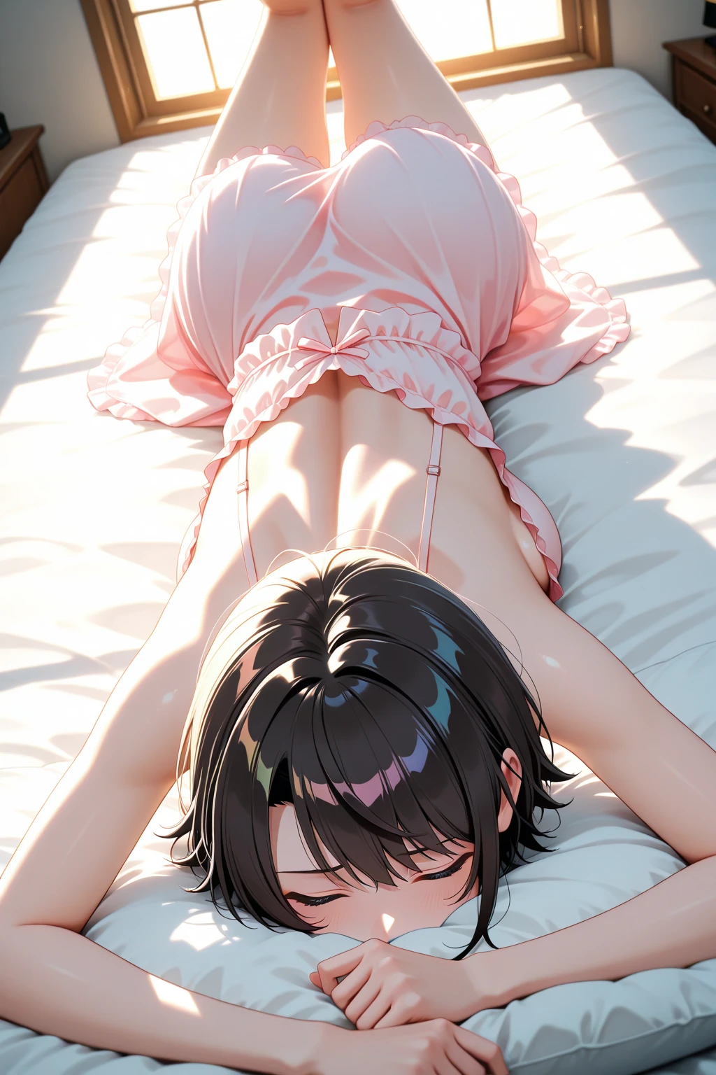 nsfw((,lying in bed),((Checked mini skirt))、Highest quality、Very delicate and beautiful、I、((10 years old ))、Japanese Girl、Primary school students、((Very short bangs))、((Bangs))、Light-colored hair、Brown Hair、Short Bob、Cute face、Cute like an idol、Yellow Eyes、Are thin、Slim figure、Bright room、Pink Bra、Pink Panties、Accentuate your butt、Showing off your ass、Shot from above、