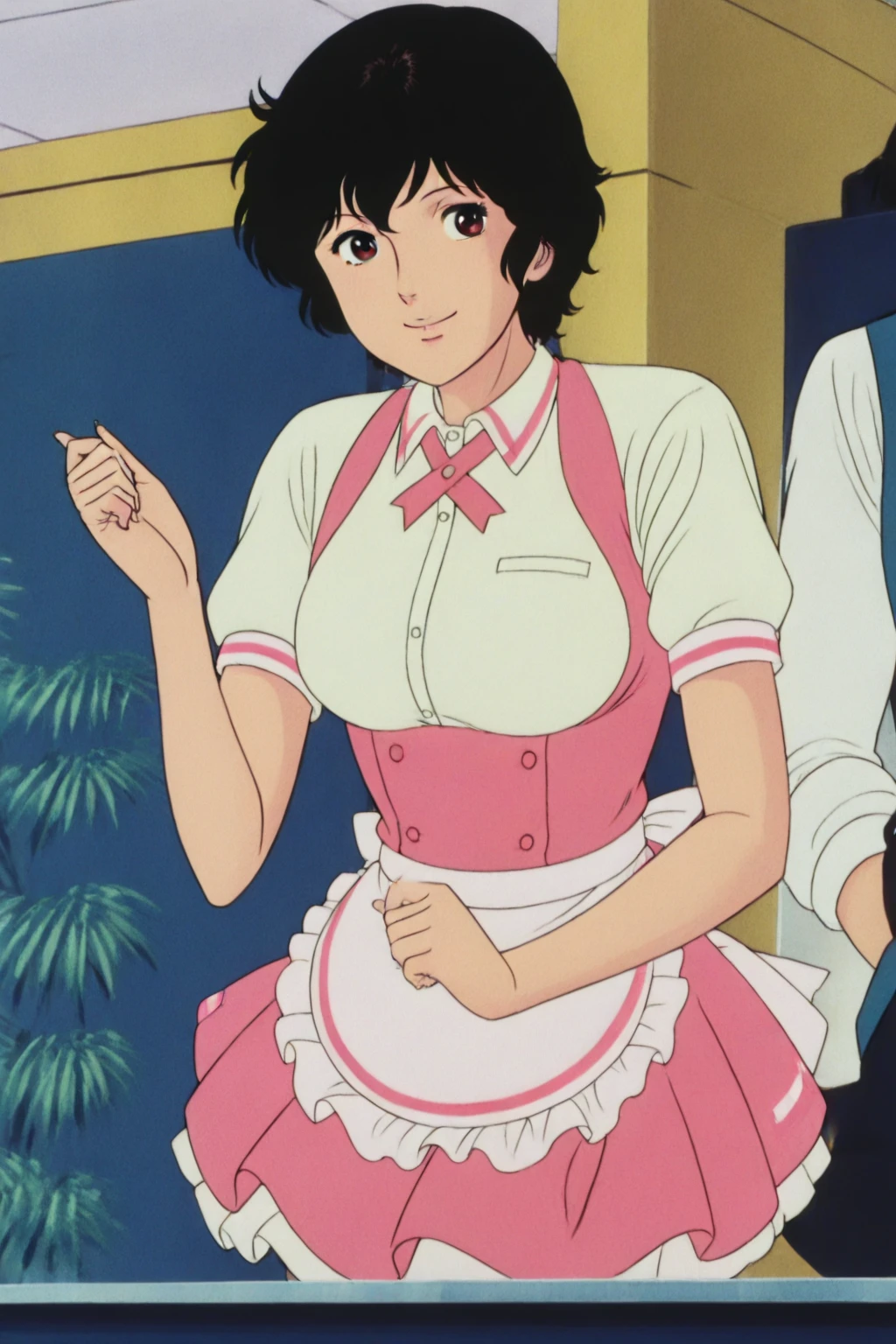 sawadamichiko,retro artstyle,1980s \(style\),1girl,solo,dress,belt,fellatio,