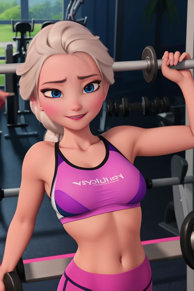 Photo of Anna of Arendelle wearing Blue gym outfit, v neck tshirt smile blushing, close-up, some slime spills on her breasts, ponytail hair in gym look, indor