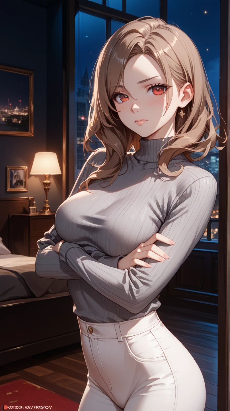 (masterpiece, top quality, best quality, official art, beautiful and aesthetic:1.2),(8k, best quality, masterpiece:1.2), (((masterpiece))),(((best quality))),(((extremely detailed))),illustration, who, (masterpiece, top quality, best quality, official art, beautiful and aesthetic:1.2),(8k, best quality, masterpiece:1.2), masterpiece, best quality, illustration, highres, ultra-detailed, 1girl, stelle \(honkai: star rail\), 1girl, solo, pantyhose, breasts, long hair, apron, looking at viewer, sweater, yellow eyes, large breasts, ponytail, turtleneck, arms behind back, closed mouth, long sleeves, white sweater, turtleneck sweater, thighband pantyhose, black pantyhose, cowboy shot, brown pantyhose, indoors, very long hair, white hair, hair intakes, window