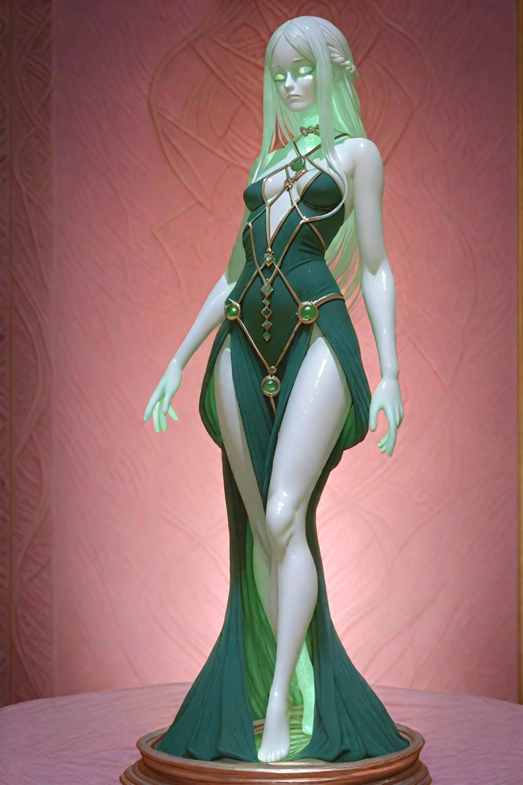 statue of a beautiful goddess, sculpture made of emerald gem, long hair and glowing green eyes, black background, mysical atmosphere, dark fantasy