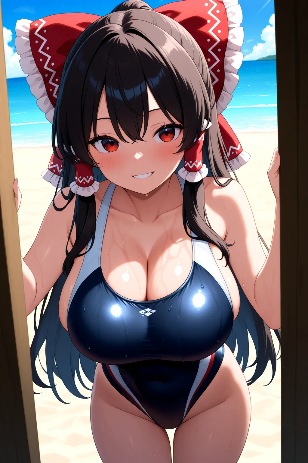 One teenage girl、japanes、Comb、Hairpin、(Bright black hair tied with a ribbon)、Clear々neat face、Red Boxing Gloves、Light blue bikini