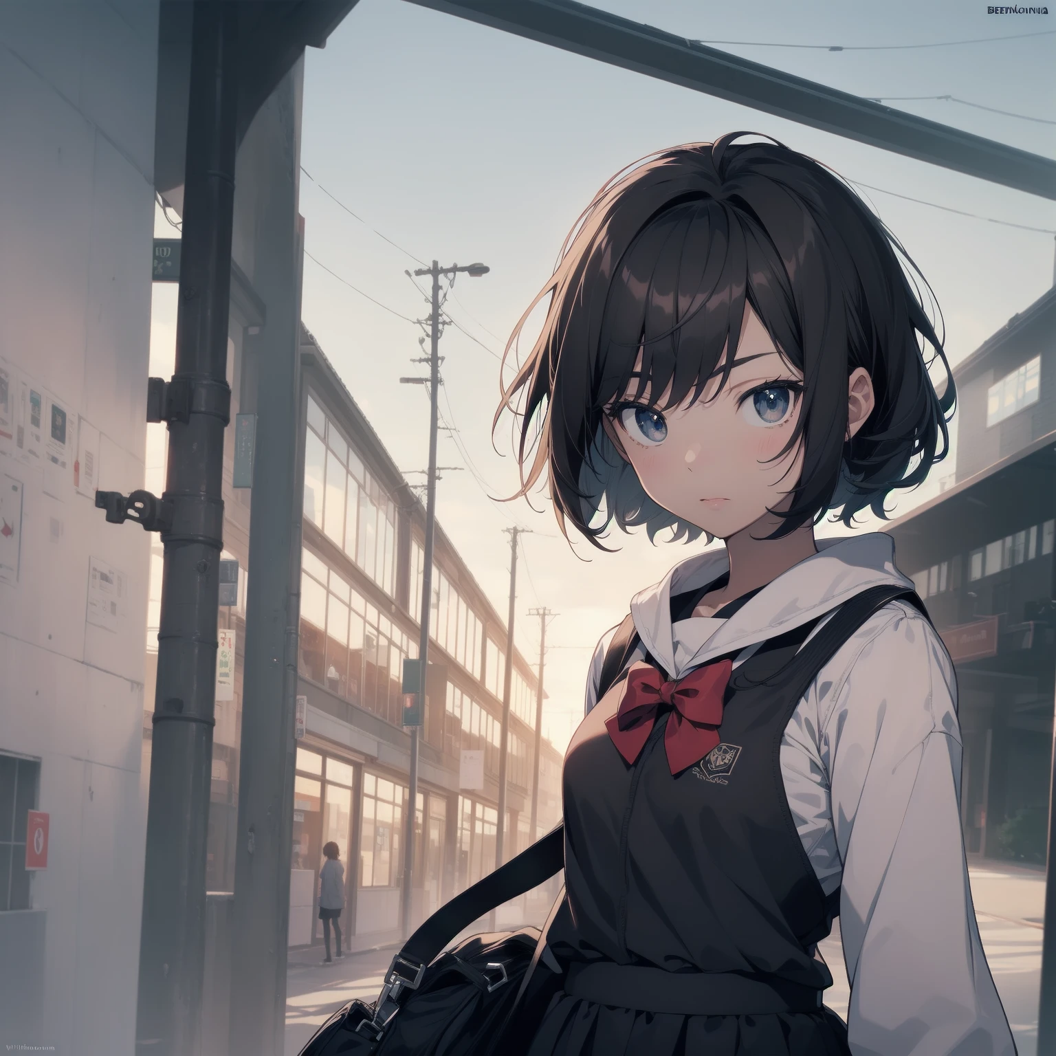 ultra-absurdres-Top quality by artist God, ultra-detailed, high resolution, anime moe artstyle, best anime 8k konachan wallpaper, pixiv contest winner, pool:2810, perfect ,break, 1girl, (Please draw a girl walking sleepily to school alone. )break,(Solo,little female, 13-year-old:1.3),Full limbs, complete fingers,a junior high school student, (very short hair), short cut, flat chest, , small butt, small black eyes, beautiful detailed eyes, well-proportioned iris and pupils, expressive eyes, highres detailed hair, soft expression, salor school_uniform, sailor collar, serahuku, bow, pleated skirt,(Detailed Lighting), (Detailed background), in the School commute route. break,super detailed skin, Best cinematic lighting powered by famous artist, 8k,beauty illustration,photoshop_(medium),very aesthetic,break,((artist:wa_(genryusui) )), artist:clamp ,artist:carnelian ,artist:kantoku ,
