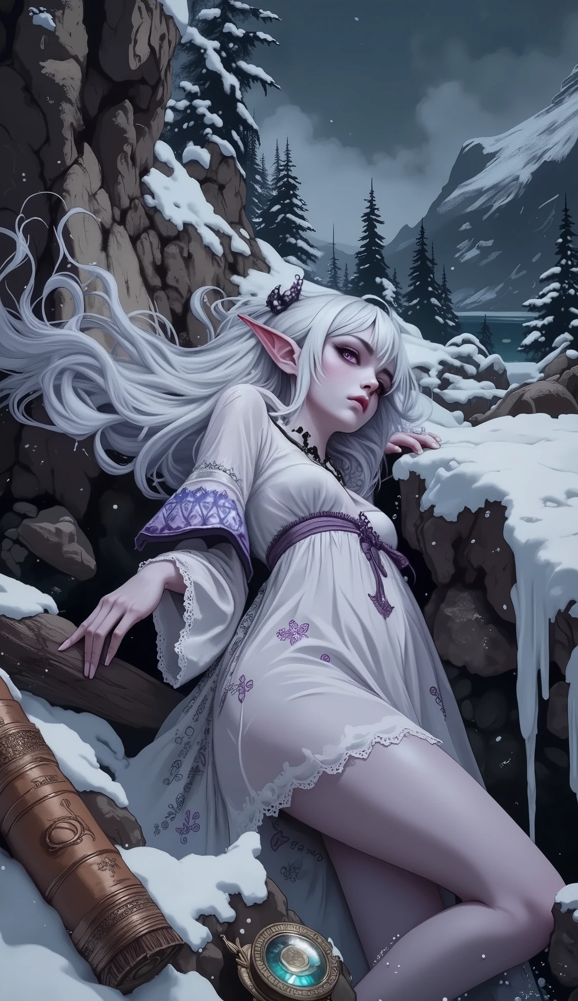 (A fusion of Ukiyo-e and dark fantasy. Aesthetic and gothic digital art. Draw a detailed face. Look away.) BREAK (White hair. Blunt bangs. White eyebrows. Long white eyelashes. Almond-shaped eyes. Lavender eyes. Dark, thick eyeliner. Small pink lips. Slightly pointy ears. Dark purple skin. Thin limbs. Thin fingers. White fingernails. One thumb and four fingers accurately drawn. very expressive.) BREAK (An ethereal, high-contrast scene of a dark elf sorceress, shipwrecked and unconscious, lying on the edge of a frozen medieval Swedish fjord in winter. She is clad in a delicate, almost translucent nightgown, patterned with subtle arcane symbols. Her long, jet-black hair drifts in the gentle currents of the icy water, partially obscured by the falling snow. The background features a dramatically jagged coastline with snow-capped pine trees reaching into a low, brooding sky. Scattered around her are fragments of an intricately carved Viking longship, along with a few ornate, ice-encrusted personal belongings, like a leather-bound grimoire and a silver compass. The lighting is stark and dramatic, with soft glows emanating from unseen magical residue on some of the scattered items, creating an otherworldly yet melancholic atmosphere. Emphasis on the delicate details of her elven anatomy and the intricate carvings of the ship's wreckage.)