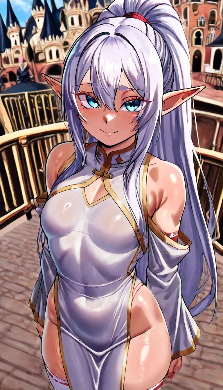 masterpiece, best quality, 1girl, solo, eyelashes, (beautiful eyes),   1girl, solo, , zzRyouOuki, long hair, animal ears, dark skin, multicolored hair, blue hair, brown hair, yellow eyes, dark-skinned female, two-tone hair, spiked hair, very long hair, big hair, furry female,  smile, looking at viewer,    shoulders, detached sleeve, covered navel, highleg leotard, white leotard, ,<lora:FutabaLiliRamsesIXL:0.8>,  ,  <lora:RyouOukiIXL:1.0>,