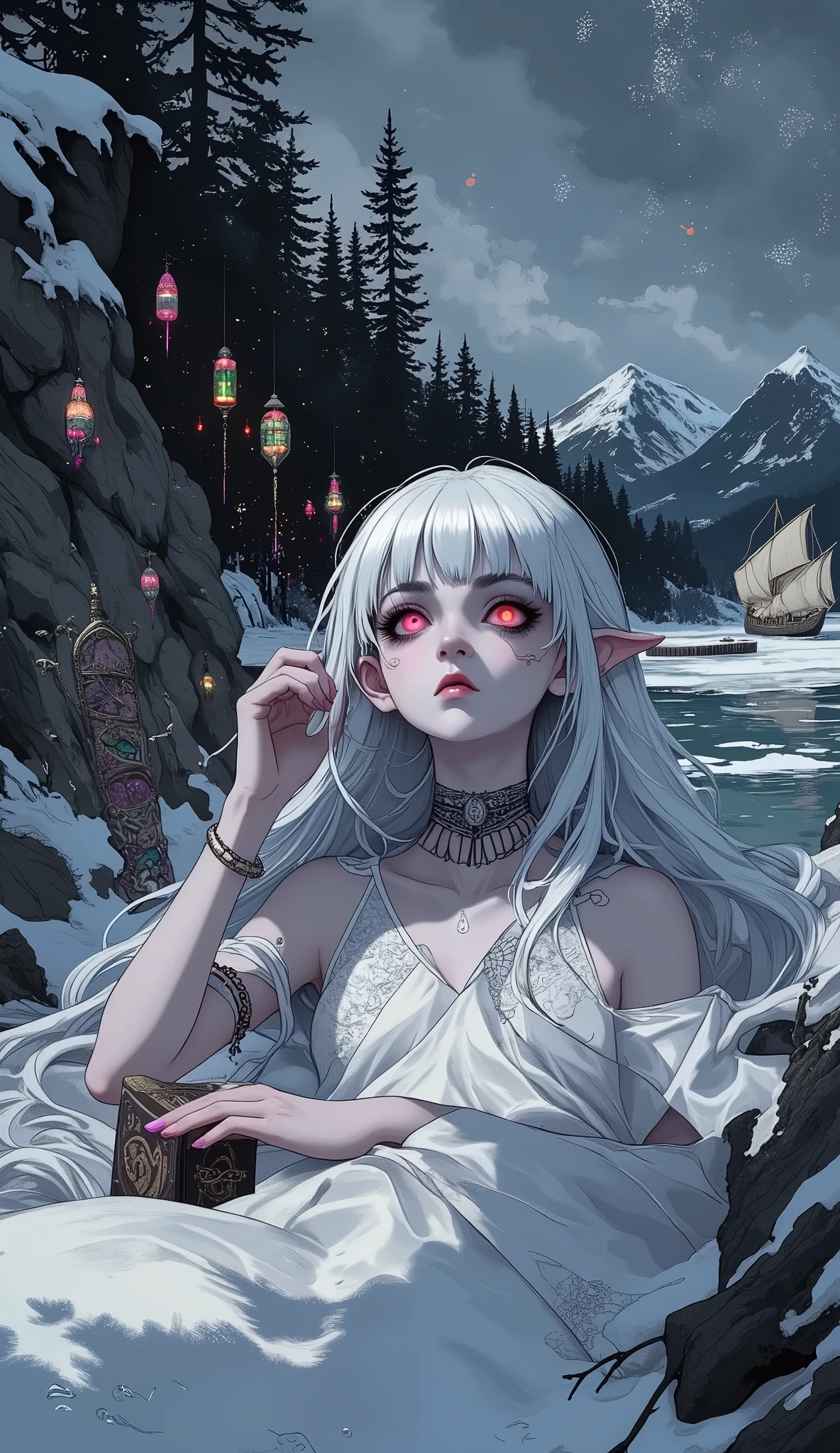 (A fusion of Ukiyo-e and dark fantasy. Aesthetic and gothic digital art. Draw a detailed face. Look away.) BREAK (White hair. Blunt bangs. White eyebrows. Long white eyelashes. Almond-shaped eyes. Lavender eyes. Dark, thick eyeliner. Small pink lips. Slightly pointy ears. Dark purple skin. Thin limbs. Thin fingers. White fingernails. One thumb and four fingers accurately drawn. very expressive.) BREAK (An ethereal, high-contrast scene of a dark elf sorceress, shipwrecked and unconscious, lying on the edge of a frozen medieval Swedish fjord in winter. She is clad in a delicate, almost translucent nightgown, patterned with subtle arcane symbols. Her long, jet-black hair drifts in the gentle currents of the icy water, partially obscured by the falling snow. The background features a dramatically jagged coastline with snow-capped pine trees reaching into a low, brooding sky. Scattered around her are fragments of an intricately carved Viking longship, along with a few ornate, ice-encrusted personal belongings, like a leather-bound grimoire and a silver compass. The lighting is stark and dramatic, with soft glows emanating from unseen magical residue on some of the scattered items, creating an otherworldly yet melancholic atmosphere. Emphasis on the delicate details of her elven anatomy and the intricate carvings of the ship's wreckage.)