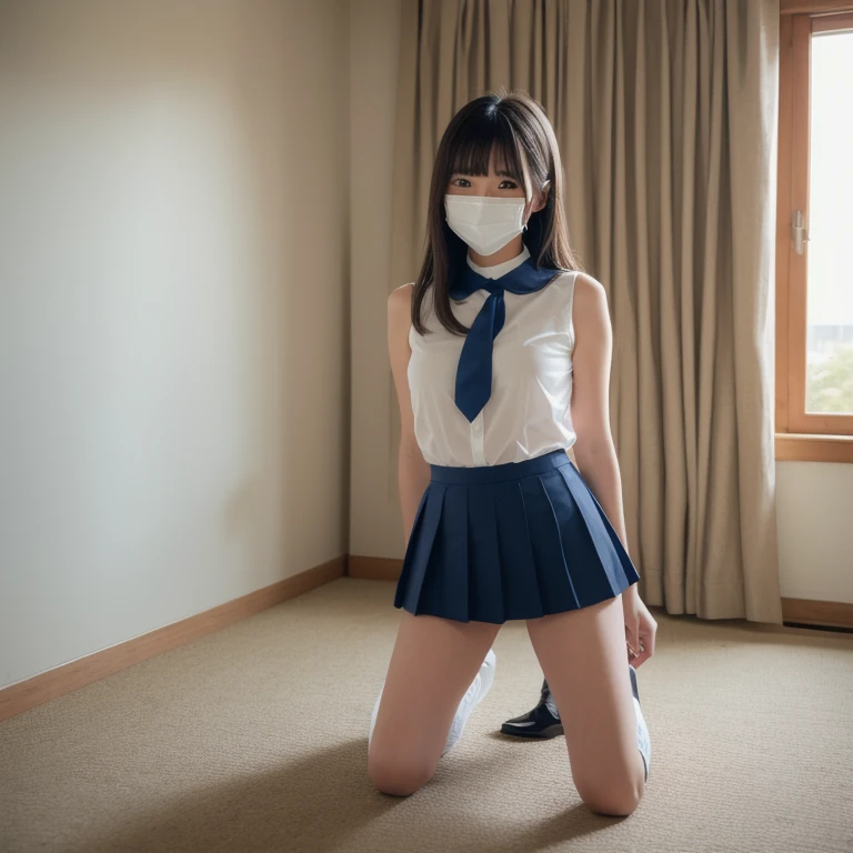 8K, highest quality, masterpiece, Super detailed, ultra high resolution, realistic, RAW photo, absolute resolution, small breasts, gag someone, put a gag in someone&#39;s mouth, someone gag, (1 girl), rope bondage, breasts rope bondage, hands back rope bondage, leg rope bondage, thigh rope bondage, bust rope bondage, feet rope bondage, (High-definition CG Unity 8K), (highest quality)，(very detailed)，(ultra high resolution), Wrist restraint, restrain the thighs, suppress shins, black hair, long hair, gagged with a white cloth, navy blue sailor uniform, Dark blue skirt, white gag, 