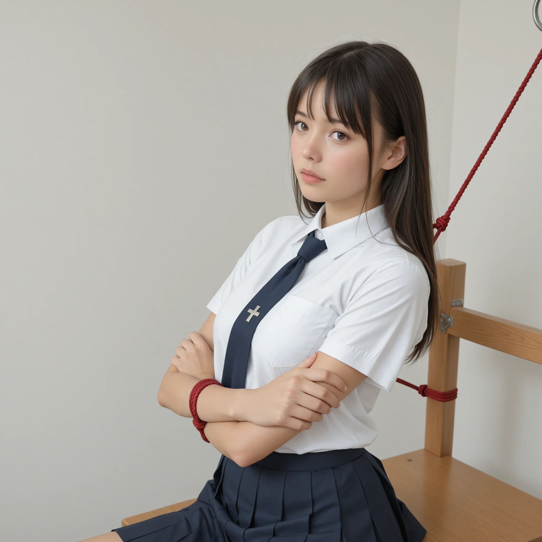 1girl in、(Super beautiful)、(beauitful face:1.2)、(Clear pubic contours),(spreads her legs)、(tie up with rope:1.4)、Classroom chairs、high-school uniform、Dark blue pleated skirt、white panties、(At SFW:1.1)、Show off your、Sailor Blouse、(((Tie your hands with a rope:1.5)))