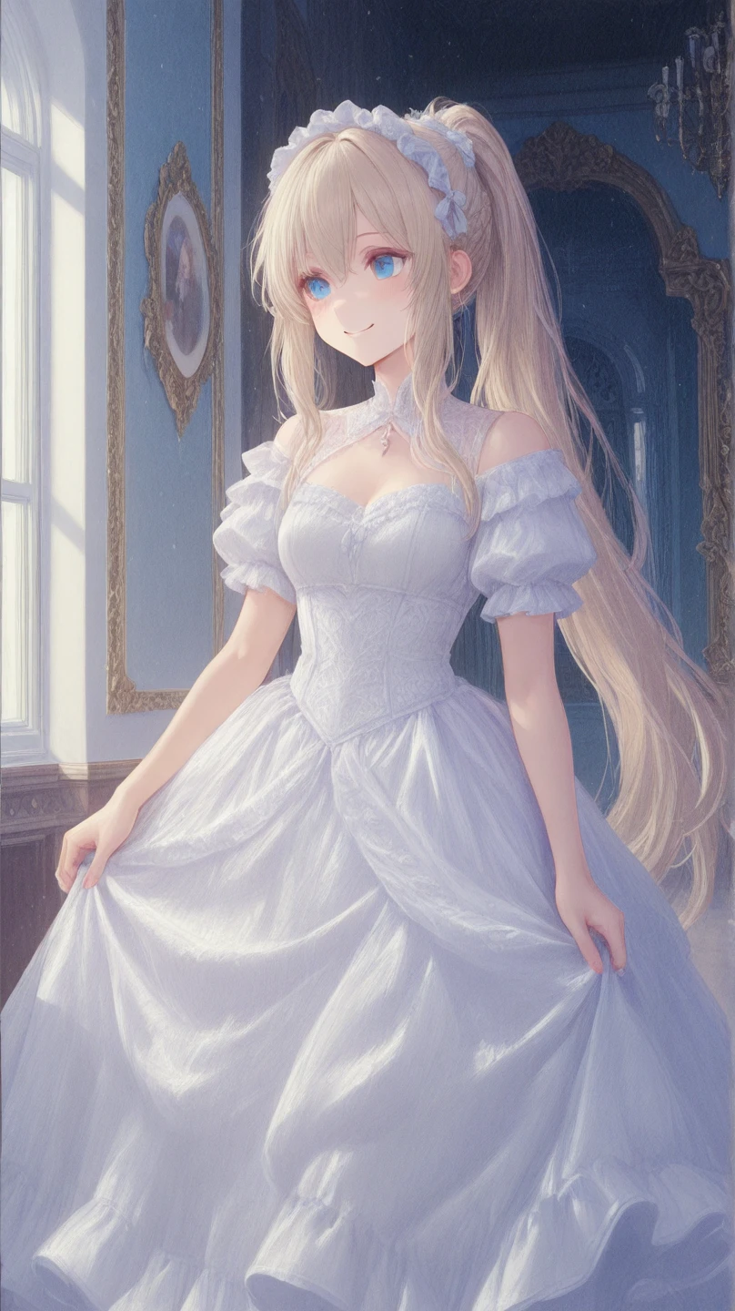 score_9, score_8_up, score_7_up, high res image, Hires_fix, masterpiece, source_anime, ultra-detailed, best quality, 8K, illustration, cowboy shot, 1girl, cute, shiny skin, shiny hair, ShiranuiFlare, dark skin, long hair, high ponytail, hair bow, medium breasts, wedding dress, grin, smile,