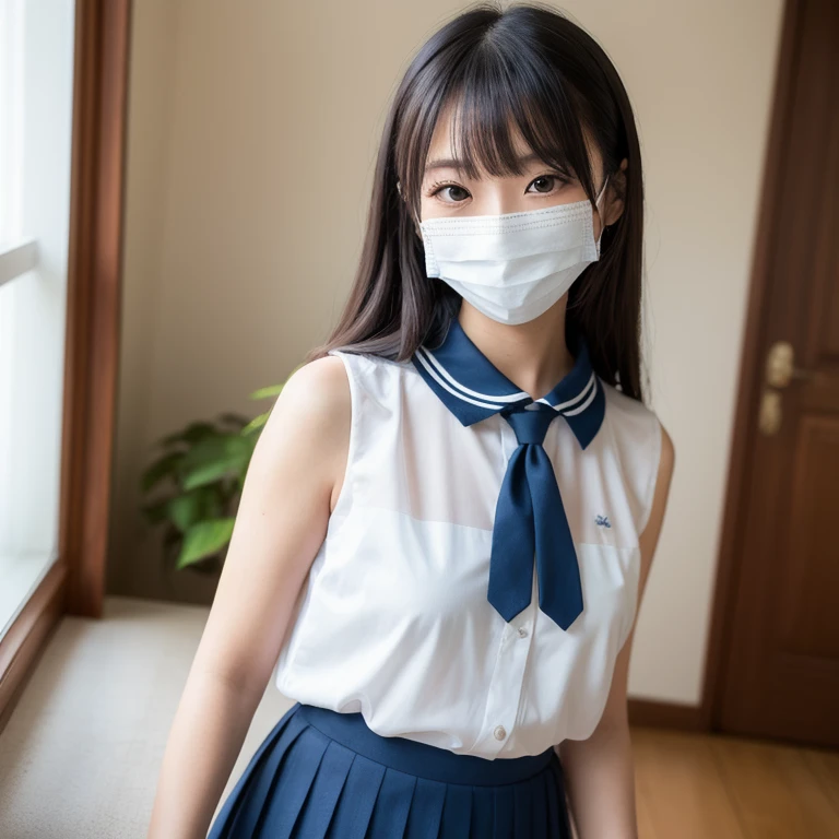 top-quality, ​masterpiece, Girl crouching on beautiful face, (photographrealistic:1.3), Rim lighting, (High Detail Skins:1.2), 8K UHD, Digital SLR, short cut hair、bangss、 hightquality, hight resolution, 4K, 8K, bokeh dof, absurderes, best ratio four finger and one thumb, (realisitic:1.3), pretty 1girl, Panchira、white  panties、Taken from the front、food、White mask、white  shirt、Gray vest、Blue Ribbon、short skirt of dark blue color、Dark blue socks、lowfers、校服、Schools