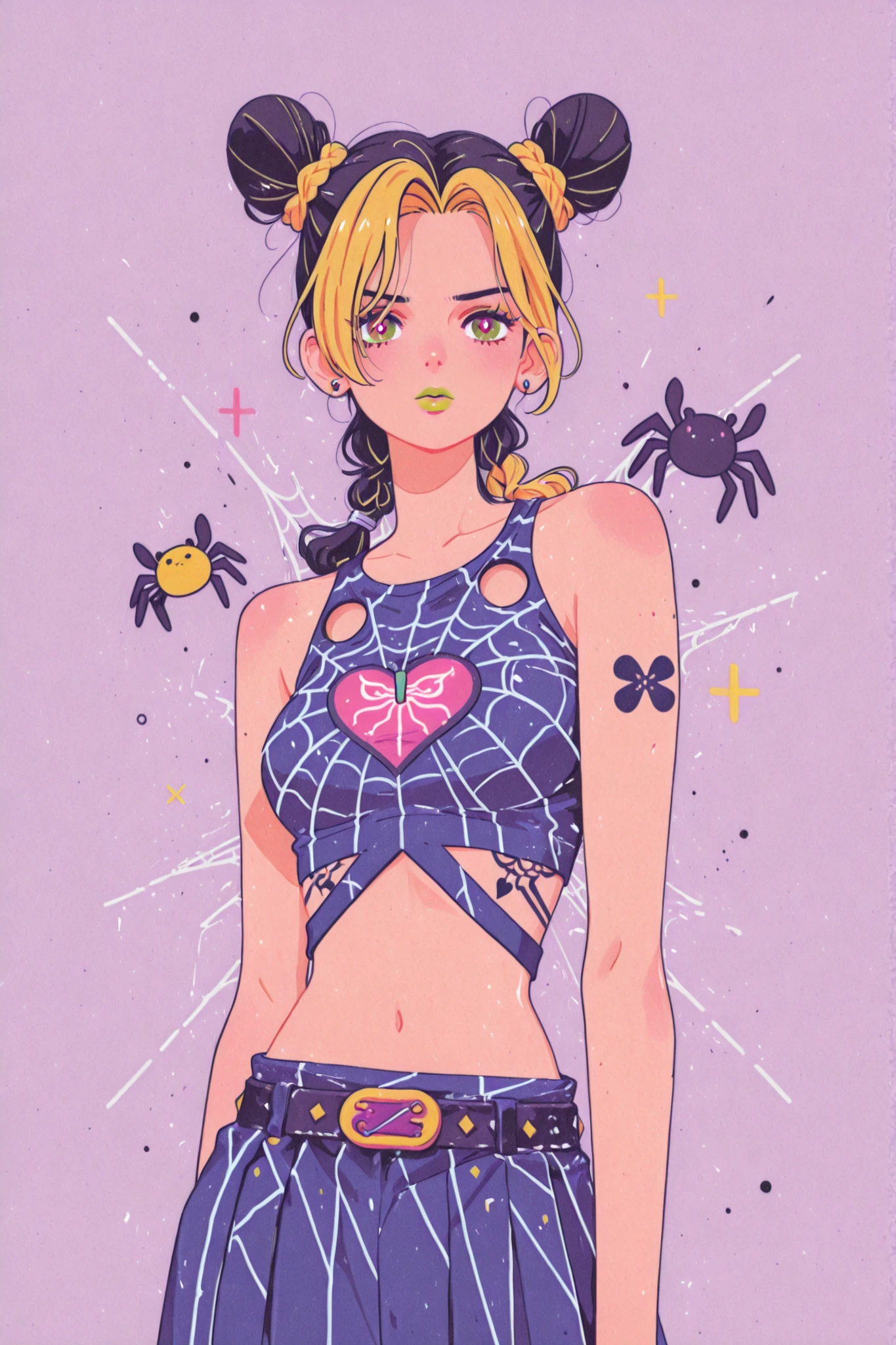 kujo_jolyne, 1girl, hair_bun, solo, double_bun, blonde_hair, two-tone_hair, multicolored_hair, spider_web_print, tattoo, cone_hair_bun, black_hair, braid, skirt, green_lips, midriff, lipstick, makeup