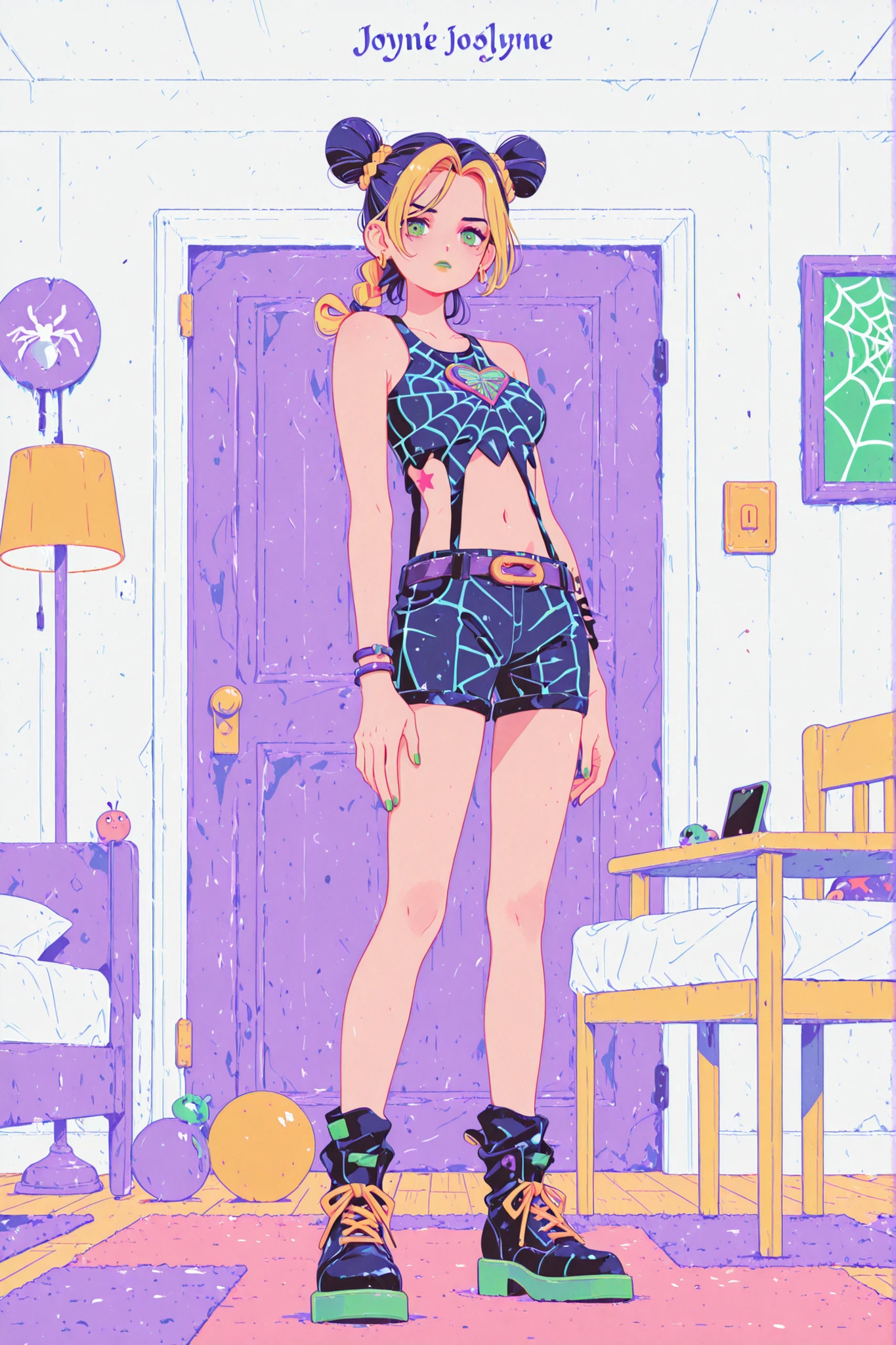 1girl, kujo_jolyne, solo, hair_bun, double_bun, green_lips, spider_web_print, blonde_hair, multicolored_hair, green_eyes, tattoo, two-tone_hair, midriff, green_hair, braid, lipstick, cone_hair_bun, makeup, green_nails, nail_polish, jewelry, full_body, navel,  lamp, door, horror_(theme), indoors, scenery, chair, english_text, table, bed