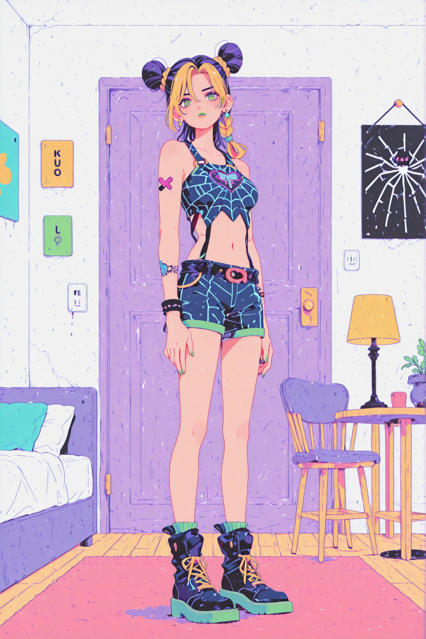 1girl, kujo_jolyne, solo, hair_bun, double_bun, green_lips, spider_web_print, blonde_hair, multicolored_hair, green_eyes, tattoo, two-tone_hair, midriff, green_hair, braid, lipstick, cone_hair_bun, makeup, green_nails, nail_polish, jewelry, full_body, navel, lamp, door, horror_(theme), indoors, scenery, chair, english_text, table, bed