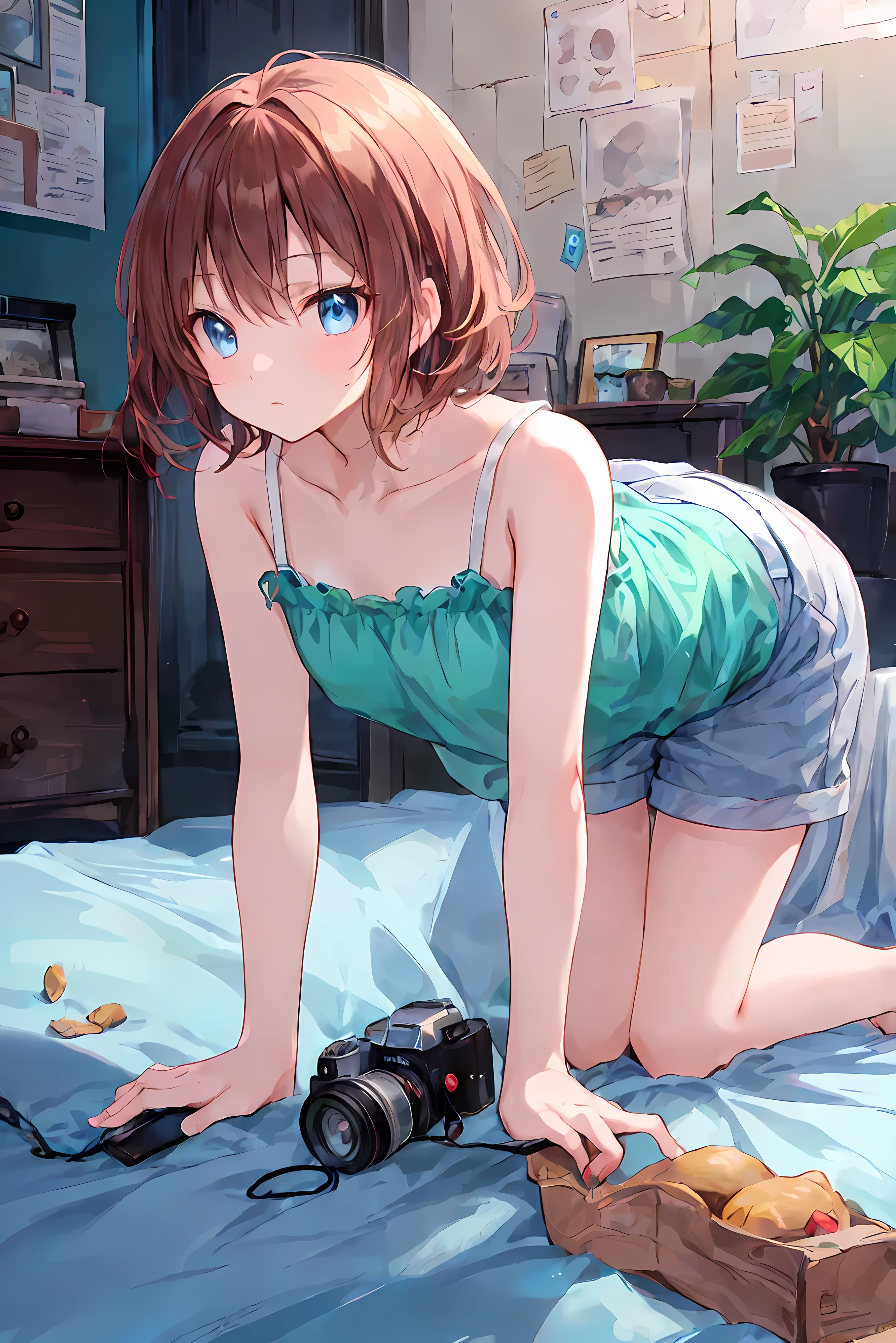 (破壊のないperfect anatomy:1.3),(Accurate and details Beautiful Eyes,Shining Eyes),((Highest Quality, 16 kg, masterpiece: 1.3)), Beauty, 1 person, big: 1.2, Slim Abs: 1.1, (Is on all fours :1.3), (:1.3), (super details face, highly details lips, Beautiful Eyes, double eyelid), short hair, Temporarily Suspended, chestnut brown camisole,Maroon Shorts、 White Bed, camera'Vision, Boy Sweat , interesting, sleepy face, from below, (1 personの:1.3),(perfect hands:1.3),(perfect anatomy:1.3), (masterpiece:1.3),(Highest Quality:1.3), details,8k seconds:high resolution,beautiful details eyes, cute eyes, Shining Eyes, 複雑なアイリスのdetails, it is said , Shining Eyes, pupil depth and three-dimensional effect, subtle changes in the shade of the iris , Eyelashes with attention to detail , details eyes, ③Lighting:best lighting, Part 4-5: ultra- details face, details skin, ⑥Body type:(slim figure:1.3), Seven Heads, Tiny Head, ⑦ Skin: ⑧Performance:(:1.1), think, kiss, ⑨Style: Break 10. theme:Amadoca,(Mole under eye:0.8),short hair,Bang,hair clip, short hair、Bang、hair clip ⑪ Hair: shiny hair, Floating Hair, short hair, BLACK ROCK , Mole under eye, Mole, Hair Accessories, hair clip, Blake ⑪ Hair: shiny hair, Floating Hair, short hair, BLACK ROCK , Mole under eye, Mole, Hair Accessories, hair clip, Break ⑫ Environment: ⑬Composition: ⑭Costume : earring, ( For the whole body:1.3)、perfect hands、完璧なrefer to、perfect palm 、Perfect Nails、完璧な親refer to 、完璧な人差しrefer to 、完璧な中refer to、完璧な薬refer to、完璧な小refer to、perfect textured hand、anatomically correct hands,Anatomically Correct Legs、手は2books、The legs2books、refer to5books,