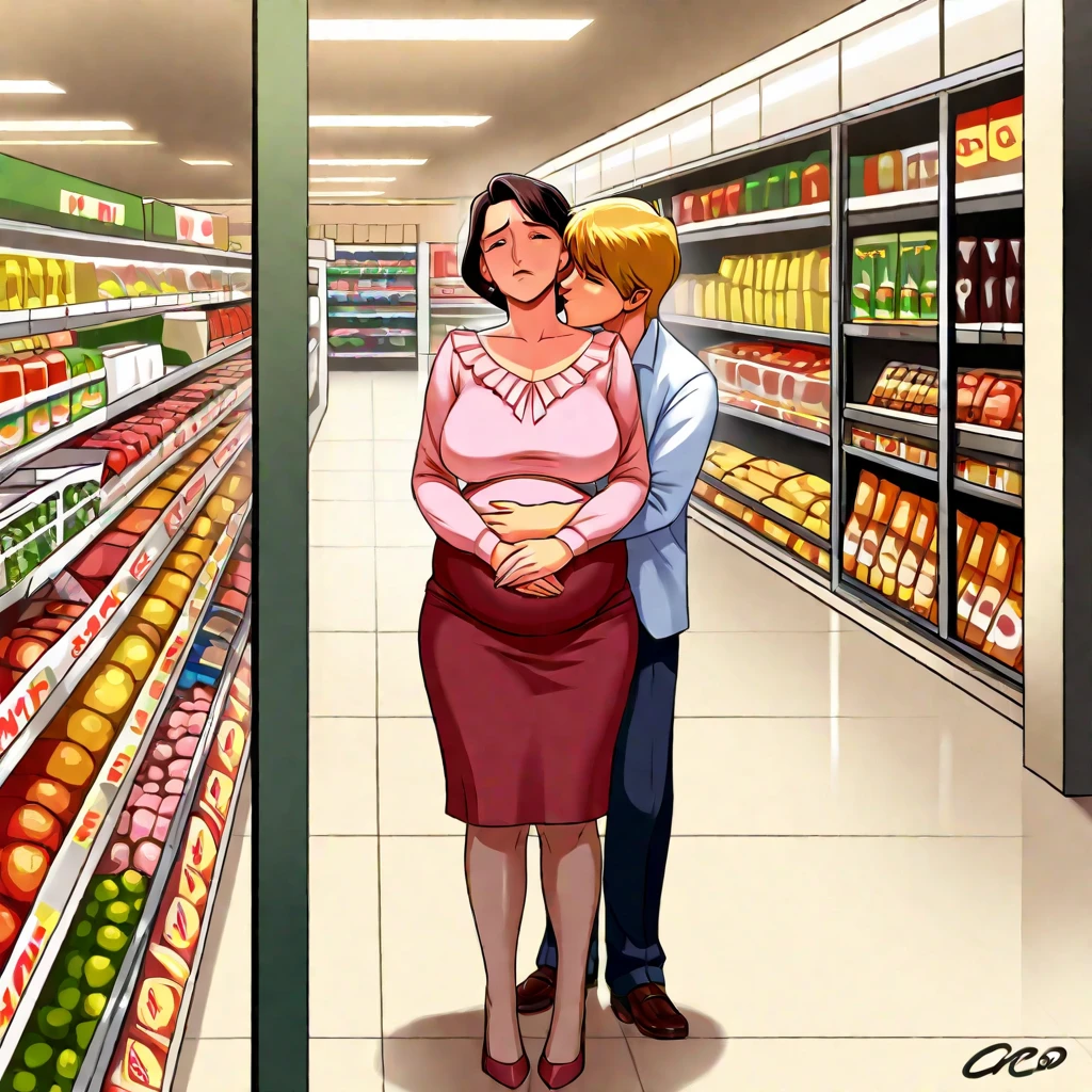 Jessica Rabbit is shopping at the supermarket with a fat young man. She wears a red dress and long boots, she has big tits and a big ass, he wears a shirt and tie, he is carrying some bags, they are happy, night