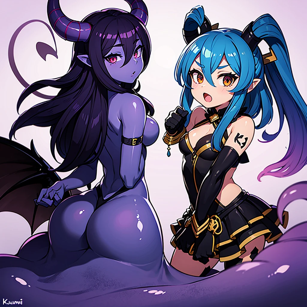 (masterpiece: 1.2, best quality), 2 girls(green skin, blue skin), black hair,huge breasts, anger, closed mouth, tattoo, (Dynamic posture), (bright skin, dark green skin), demon girl, green skin, blue skin, thin and lacy gloves, (small demonic horns:1.1), (heaven), fringe, (jewelry, golden ornament:1.15), large pelvis, black pantyhose