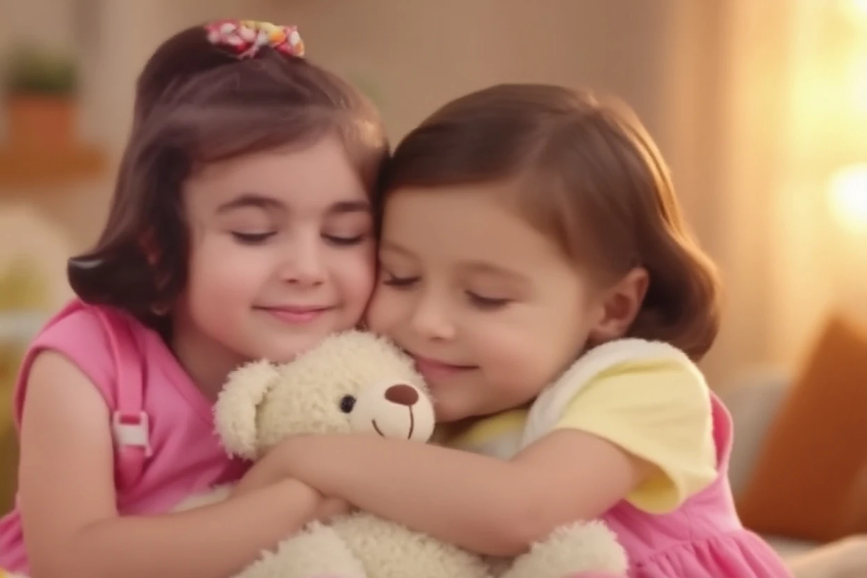 Two girls in love with a teddy bear