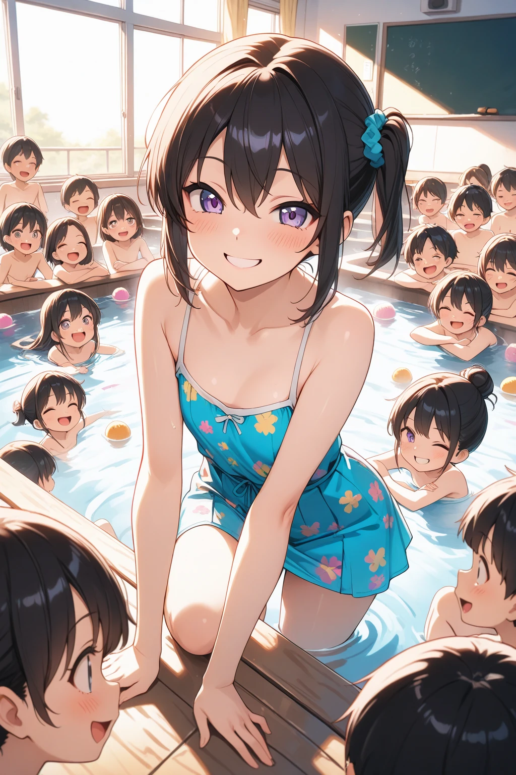 nudist girl squatting、A lot of close elementary school boys hugging each other、surround each other&#39;neck of、Laughter and joy、longshot、Group Selfies、In the unit bath、Intense curiosity and shame、Leaning forward