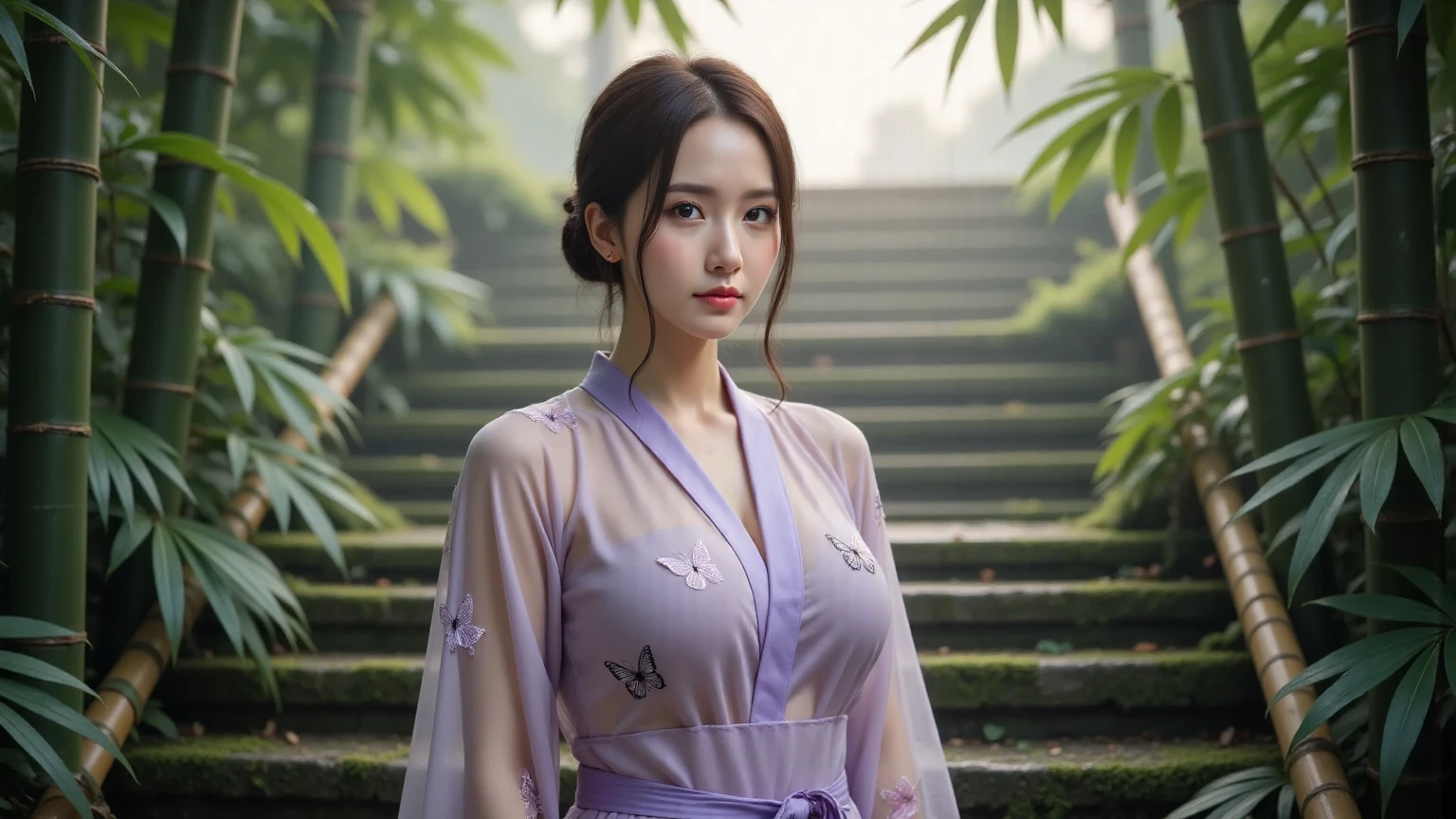 a mature woman, wearing a purple kimono with floral designs, brown hair, long hair, brown eyes, ???????????, exposed ???????, walking outside a wooden house in a forest, trees in the background , with fantasy aesthetics, at night, with fireflies,.UHD, masterpiece, accurate, anatomically correct, textured skin, super detail, high quality, best quality, 8k, high resolution, bokeh effect. (woman alone)
