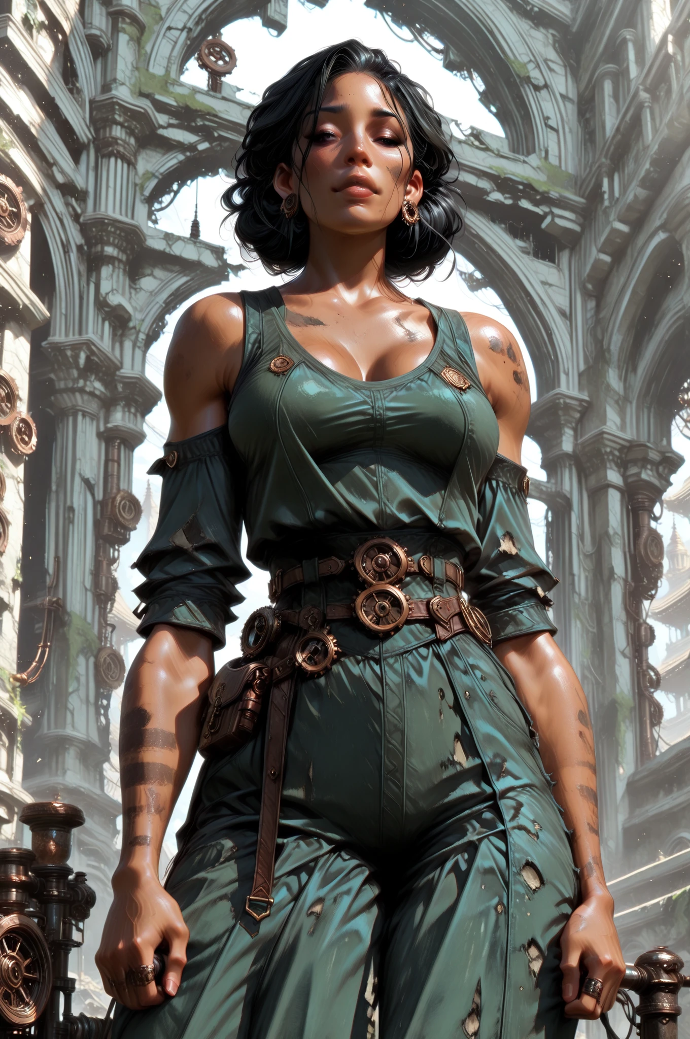 (masterpiece, best quality:1.2), highly detailed, nsfw, rated_excited, solo, 1 girl, mature woman, a female giant, brown toned skin, black hair, athletic body, mechanic legs, steampunk legs, temple ruins n background, fan art, character design 