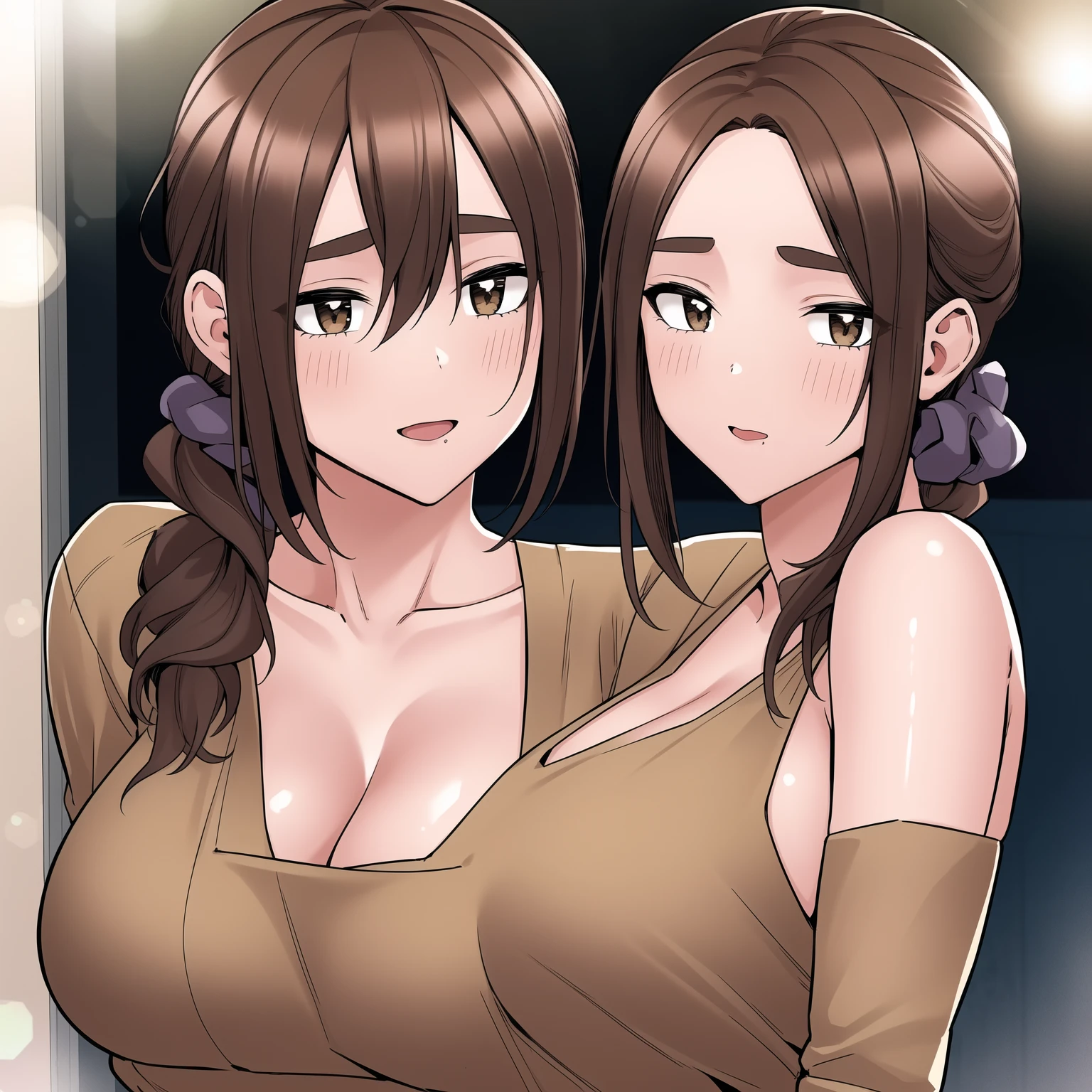 2heads, a fat woman with two heads. She has enormous breasts. She is in a well-lit bedroom with a window. She is laughing. She is flirty. She is wearing an unbuttoned blouse and sport shorts. She is touching her breasts. She has enormous boobs. She is chubby. Massive breasts. She looks mature. She is extremely short. She is extremely fat. She has massive fat breasts. She has long straight brown hair in a ponytail. She looks very young. She has very big and full lips. She is blushing. She looks aroused.