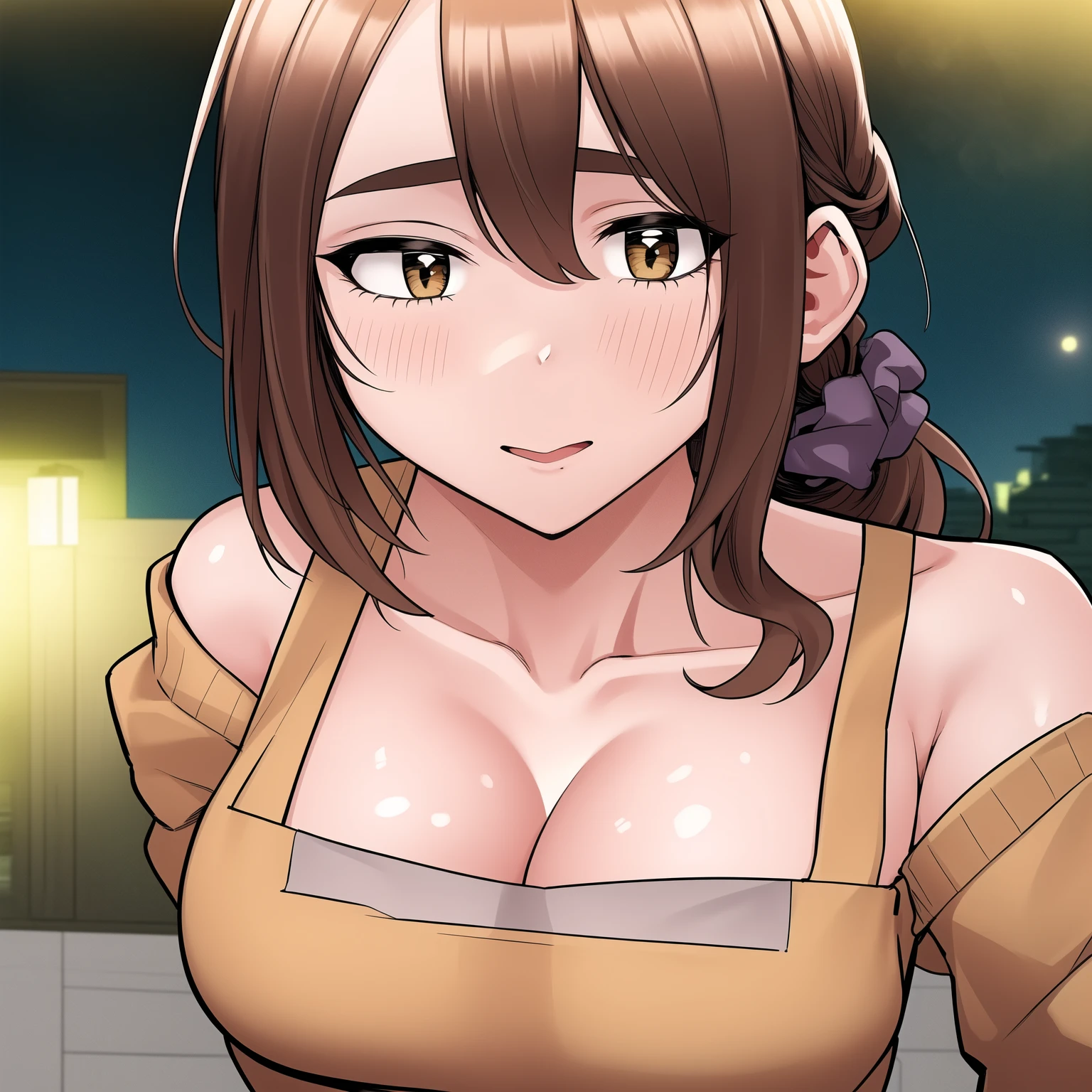 attractive korean woman, ripped muscle, muscular body, small breast, pale skin, smile(blush), nude, cross necklace, sixpack abs, [ultra detailed skin:1.2], brown hair, long wavy hair, 8k uhd, pussy, full body, crowd, public, night, poolside, standing,