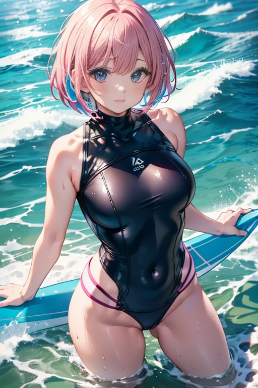(competition swimsuit), ((Kyoto Animation Style)), (solo), (Six-body woman), (1 cute girl), sexy, 25 years old, (masterpiece:1.2), (best quality:1.2), (very aesthetic:1.2), (absurdres:1.2), (detailed background),newest,ai-generated, (((Pink hair, short hair, bob cut, black eyes, small eyes))), (visible nipples:0.7), (camel toe:0.3), Cute face, medium_breasts, ((Thin thighs)), dynamic poses, Metallic Outfit,The Mediterranean Sea,Lying on the calm sea,