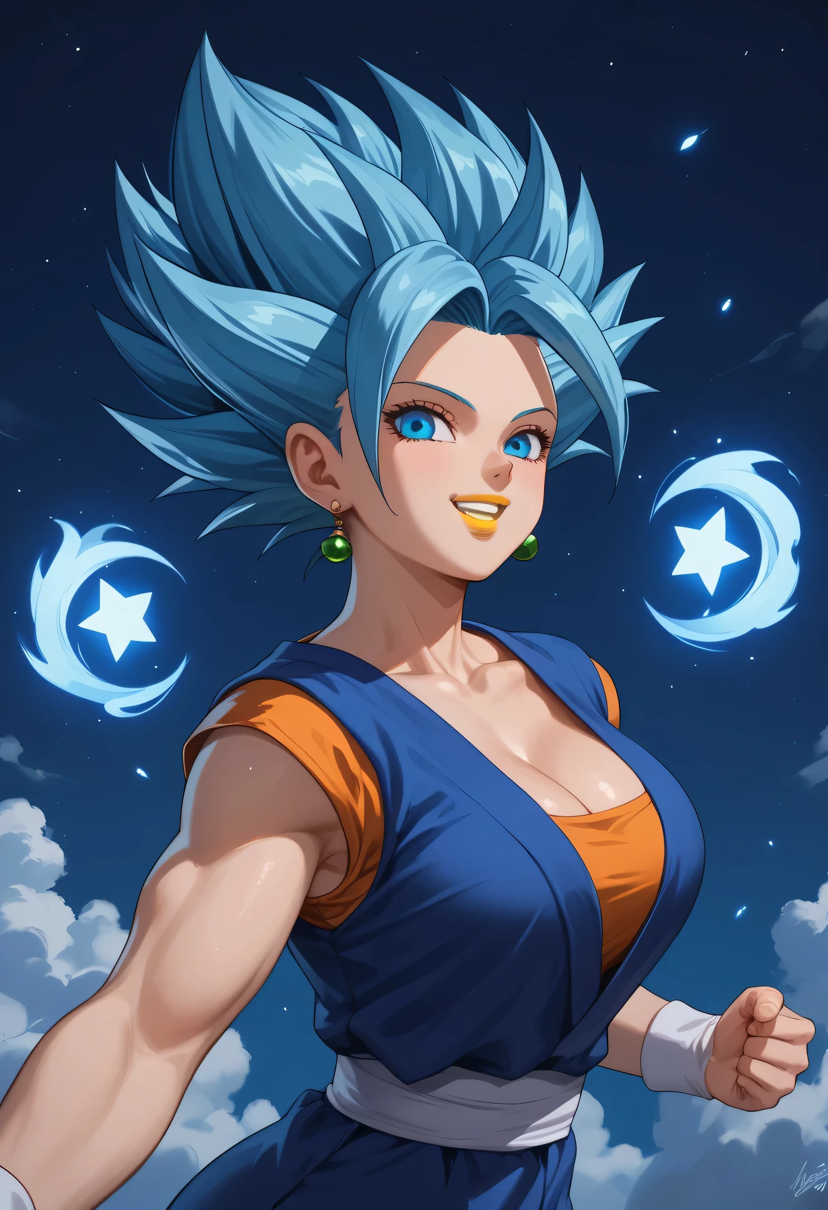 woman, , anime style, yellow lipstick, white skin, blue hair, big hair, strong, strong physique, blue kimono, orange blouse, side view, focus on the character, looking at the viewer, sensual smile, view from above, night, starry sky, blue energy, blue aura, ssj blue, kefla, vegito, lady vegetto, solo, open arms, floating