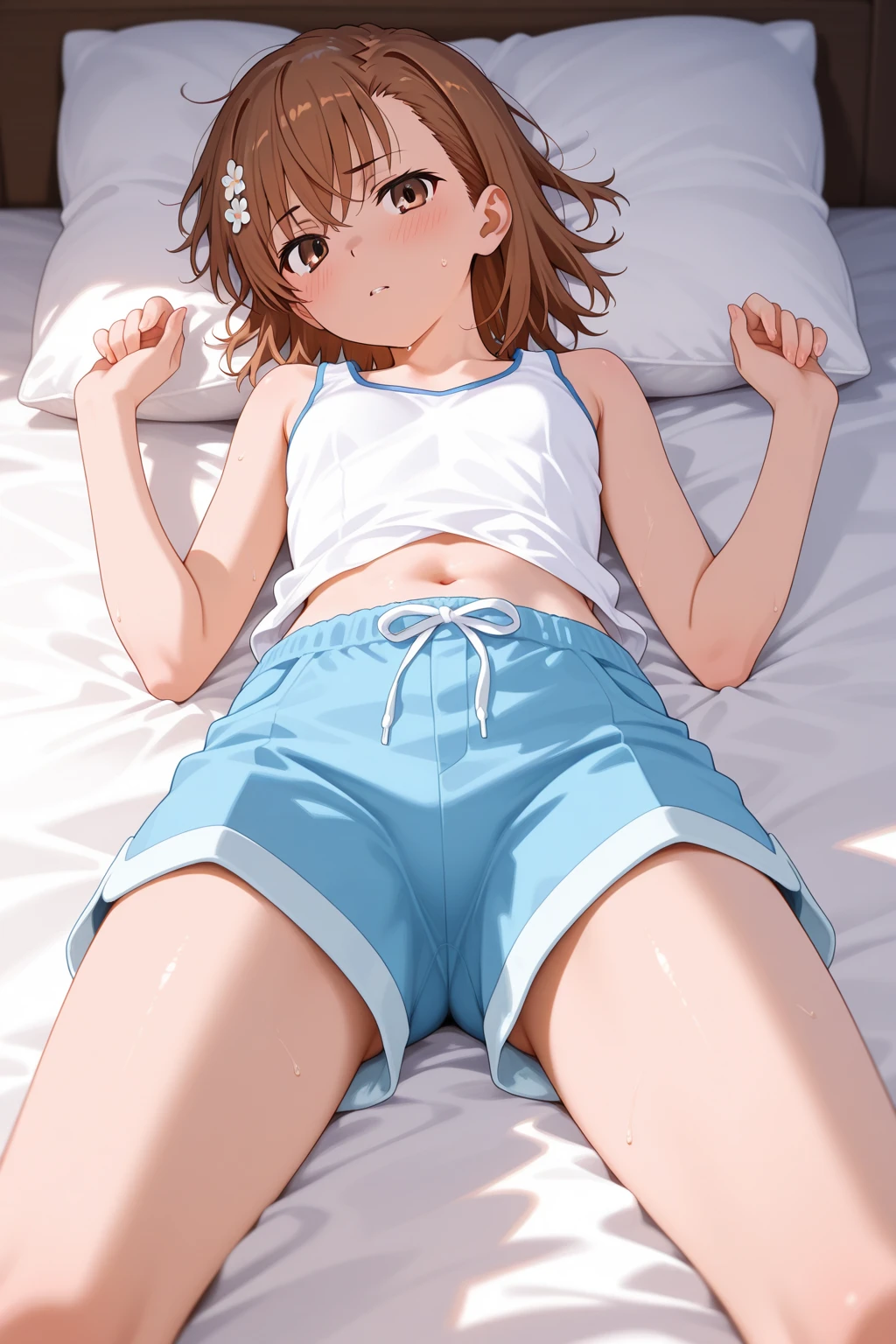 Best Quality, masterpiece, ((Solo, 1girl)), misaka Mikoto, Short hair, fine detailed shiny eyes, small chest, high resolution, best lighting, extremely detailed illustrations, blush, embarrassed, smile, open mouth, Realistic white panties, crotch seam, cameltoe, window, day, on bed, NSFW, loli, pantyshot, Spread legs, white t-shirt, no skirt, no shorts, wet panties,  stained panties