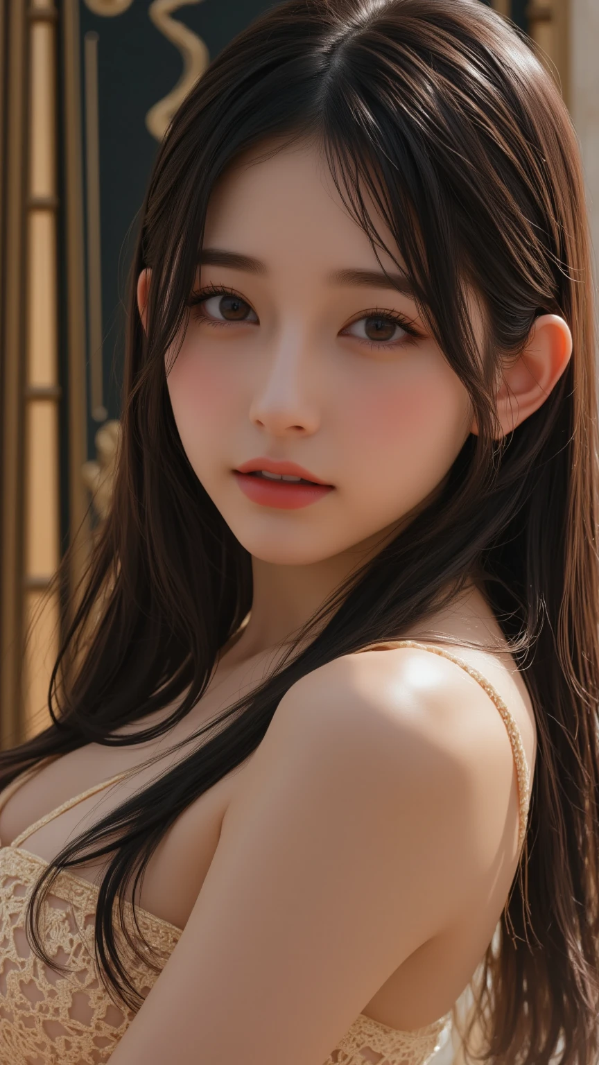 (surreal), (figure), (Improved resolution), (8K), (very detailed), (Best figure), (beautiful and detailed eyes), (highest quality), (super detailed), (masterpiece ), ( wallpaper), (detailed face), alone, 1 girl, looking at the viewer, small details, detailed face, in the dark, deep shadow, discreet key, Pure erotic face ace_v1, smile, long hair,  straight hair 46 point diagonal bangs、Small breasts、whole body、Completely naked、naked